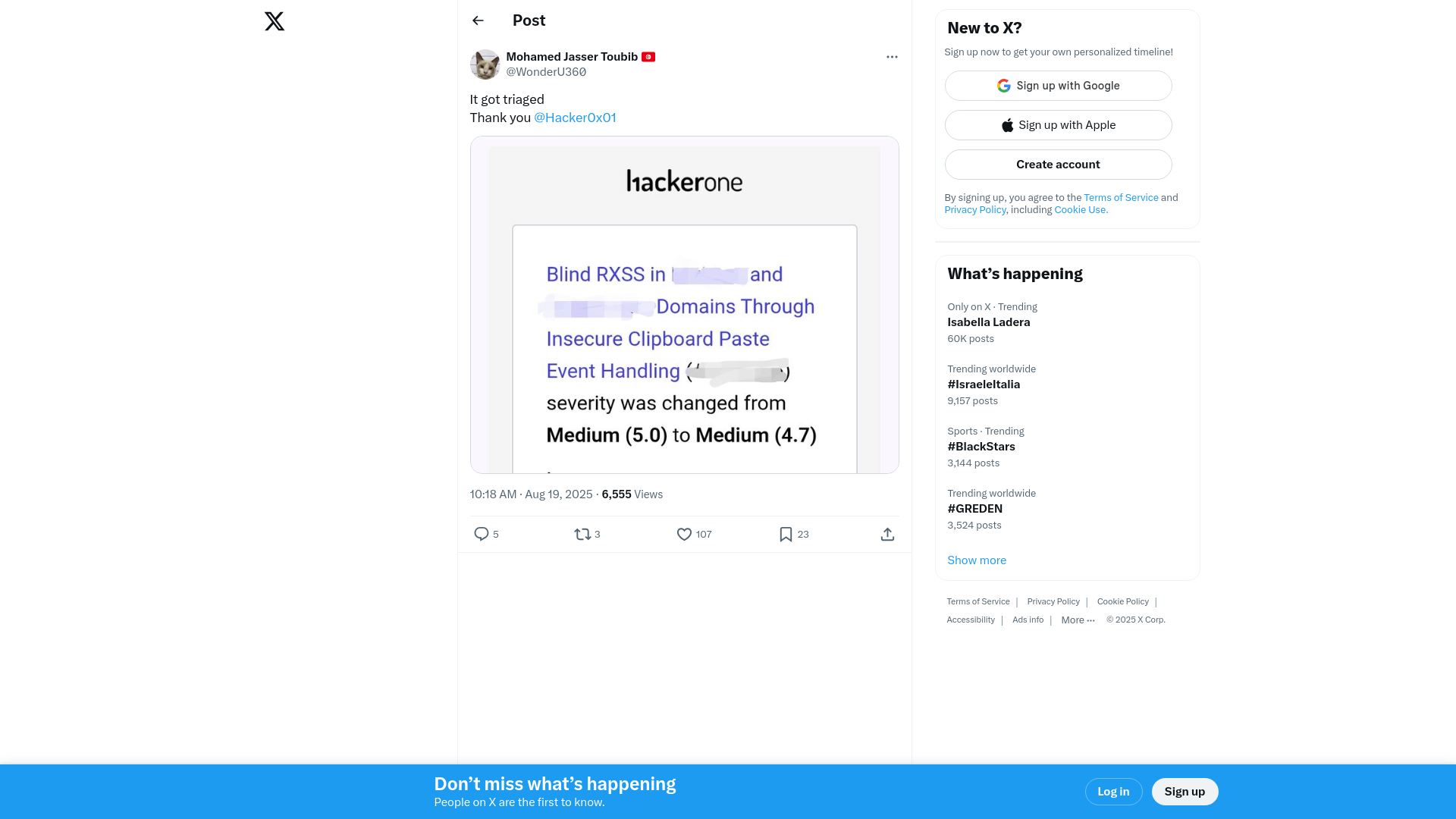 Mohamed Jasser Toubib 🇹🇳 on X: "It got triaged Thank you @Hacker0x01 https://t.co/G3vMKR88xF" / X