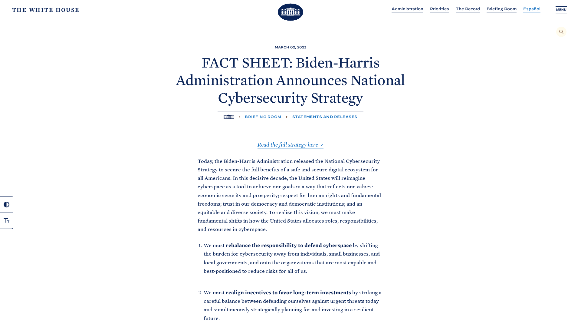 FACT SHEET: Biden-Harris Administration Announces National Cybersecurity Strategy | The White House