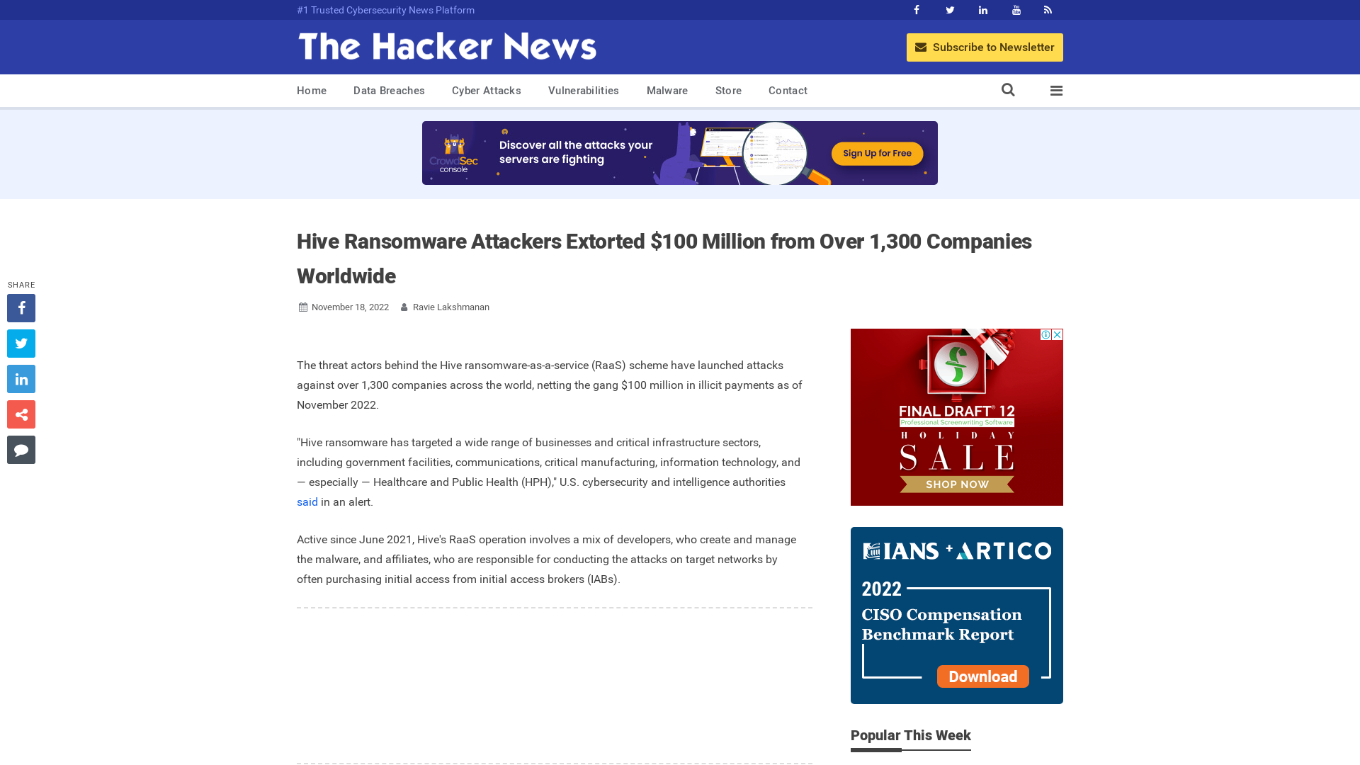 Hive Ransomware Attackers Extorted $100 Million from Over 1,300 Companies Worldwide