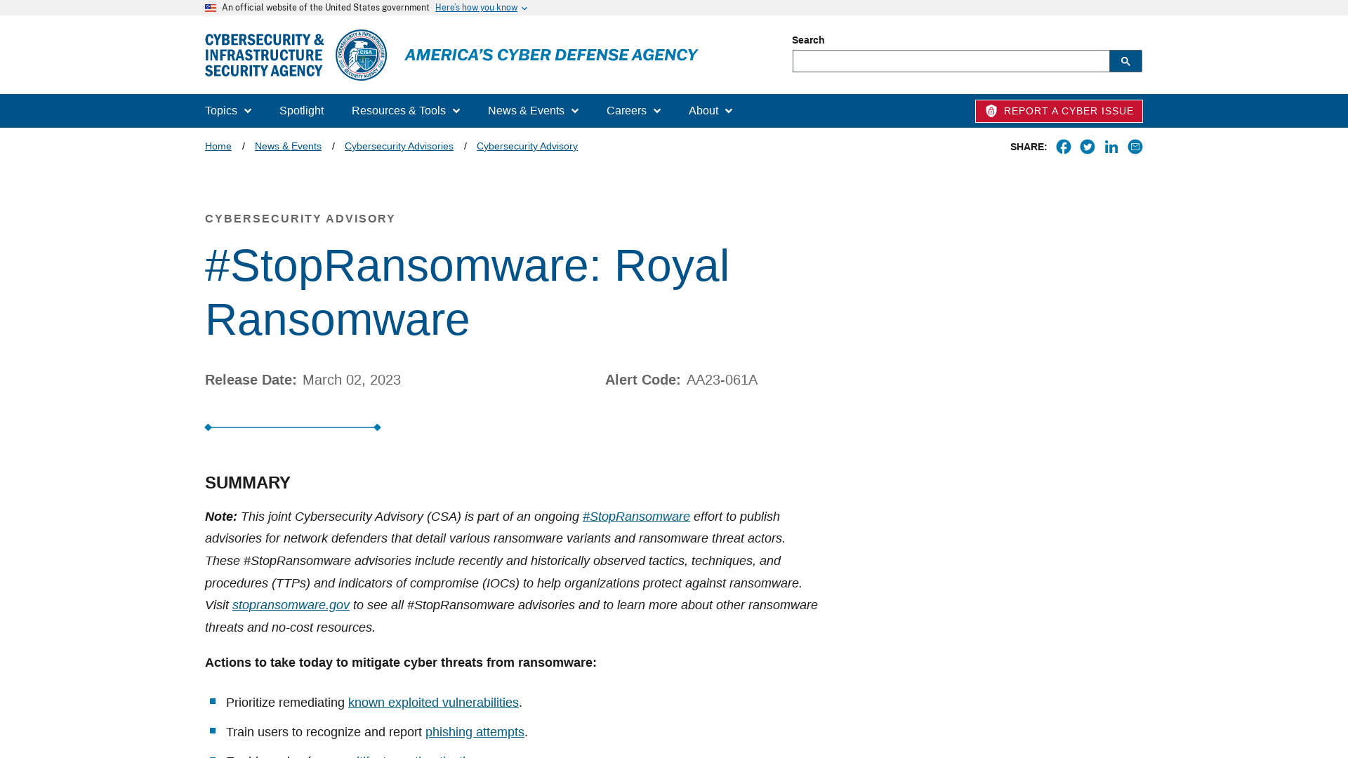 #StopRansomware: Royal Ransomware | CISA