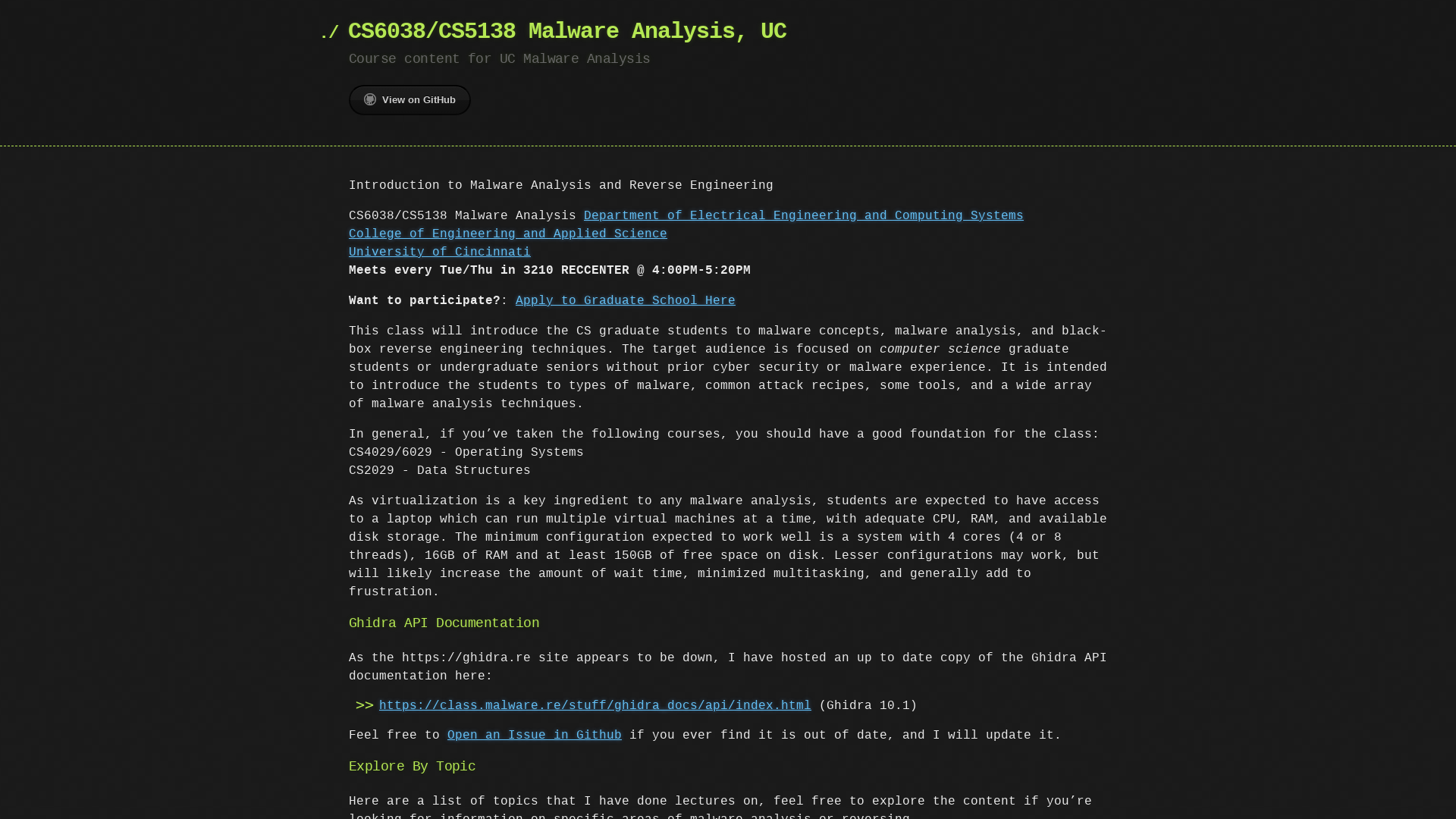 CS6038/CS5138 Malware Analysis, UC by ckane