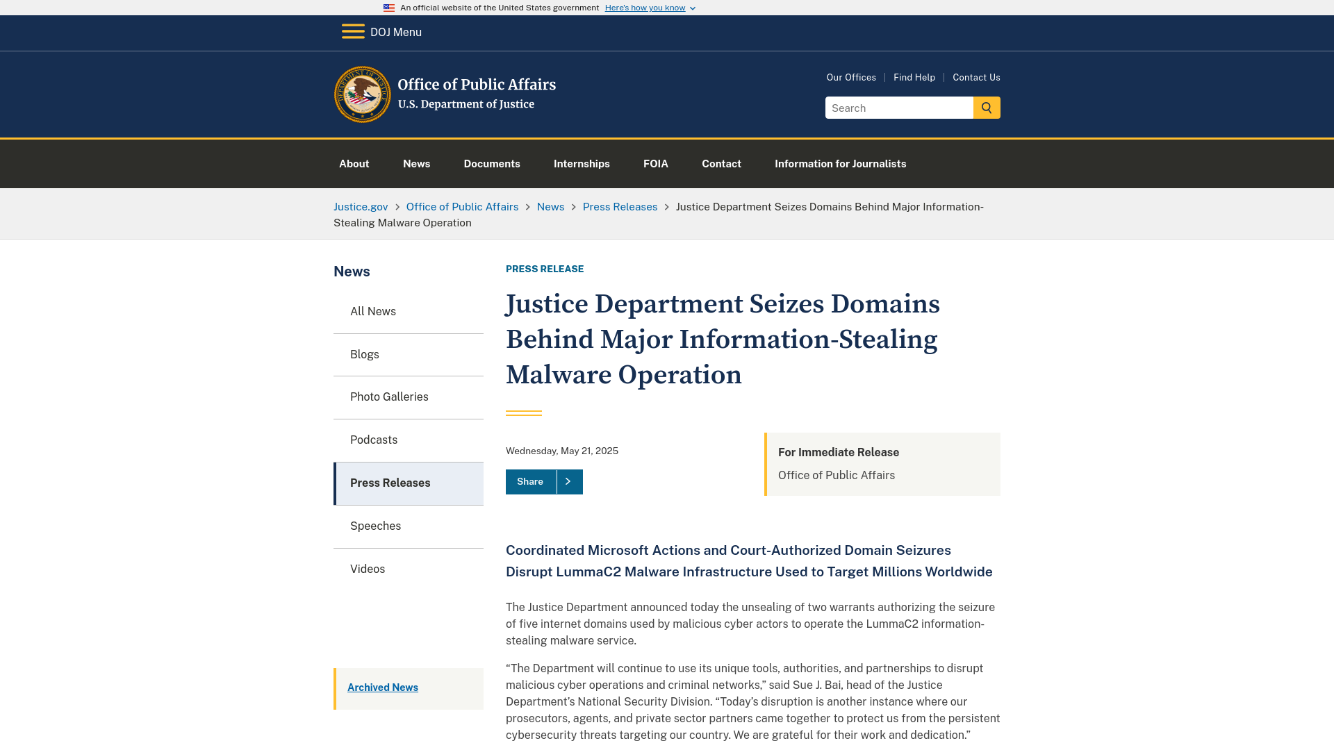 Office of Public Affairs | Justice Department Seizes Domains Behind Major Information-Stealing Malware Operation | United States Department of Justice