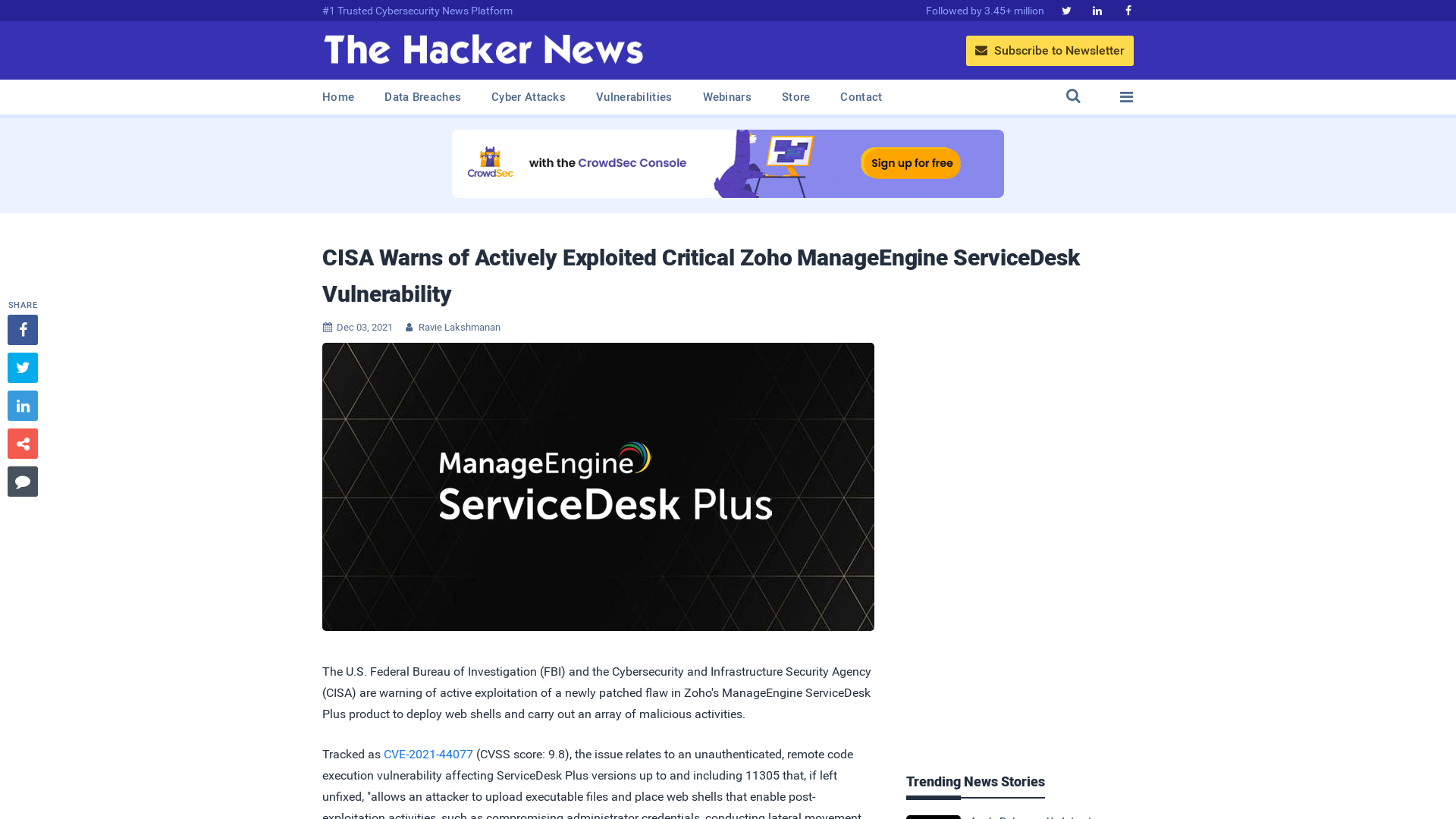 CISA Warns of Actively Exploited Critical Zoho ManageEngine ServiceDesk Vulnerability