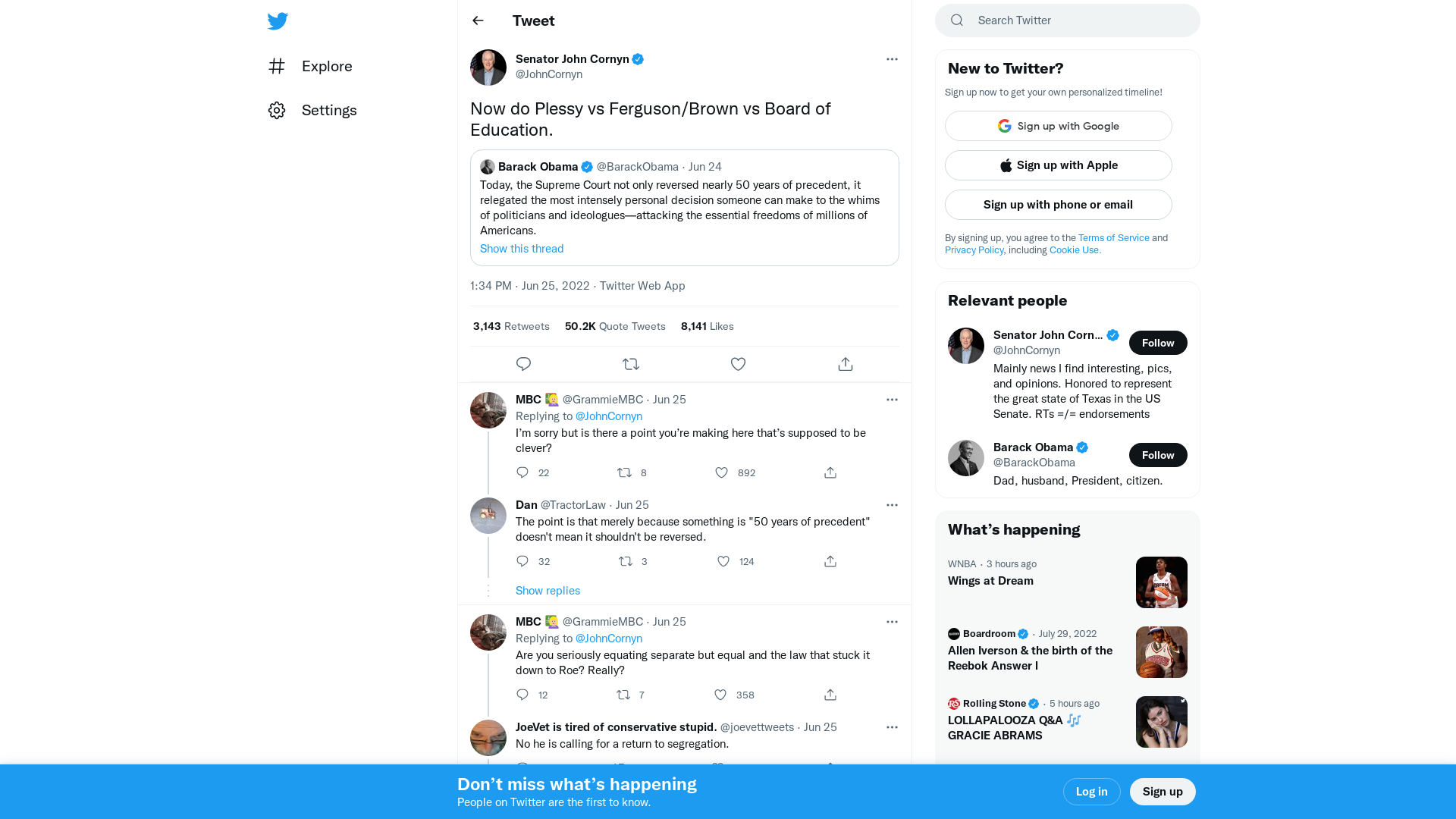 Senator John Cornyn on Twitter: "Now do Plessy vs Ferguson/Brown vs Board of Education." / Twitter