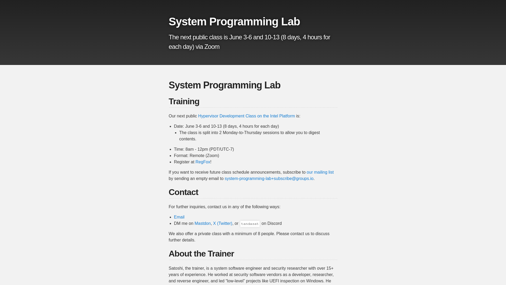 System Programming Lab | The next public class is June 3-6 and 10-13 (8 days, 4 hours for each day) via Zoom