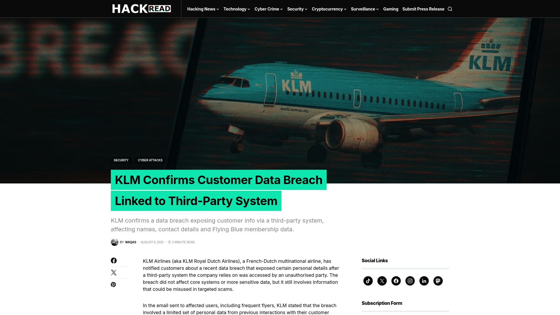 KLM Confirms Customer Data Breach Linked to Third-Party System
