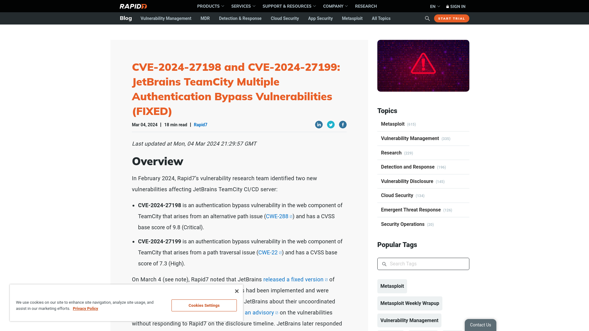 CVE-2024-27198 and CVE-2024-27199: JetBrains TeamCity Multiple Authentication Bypass Vulnerabilities (FIXED) | Rapid7 Blog