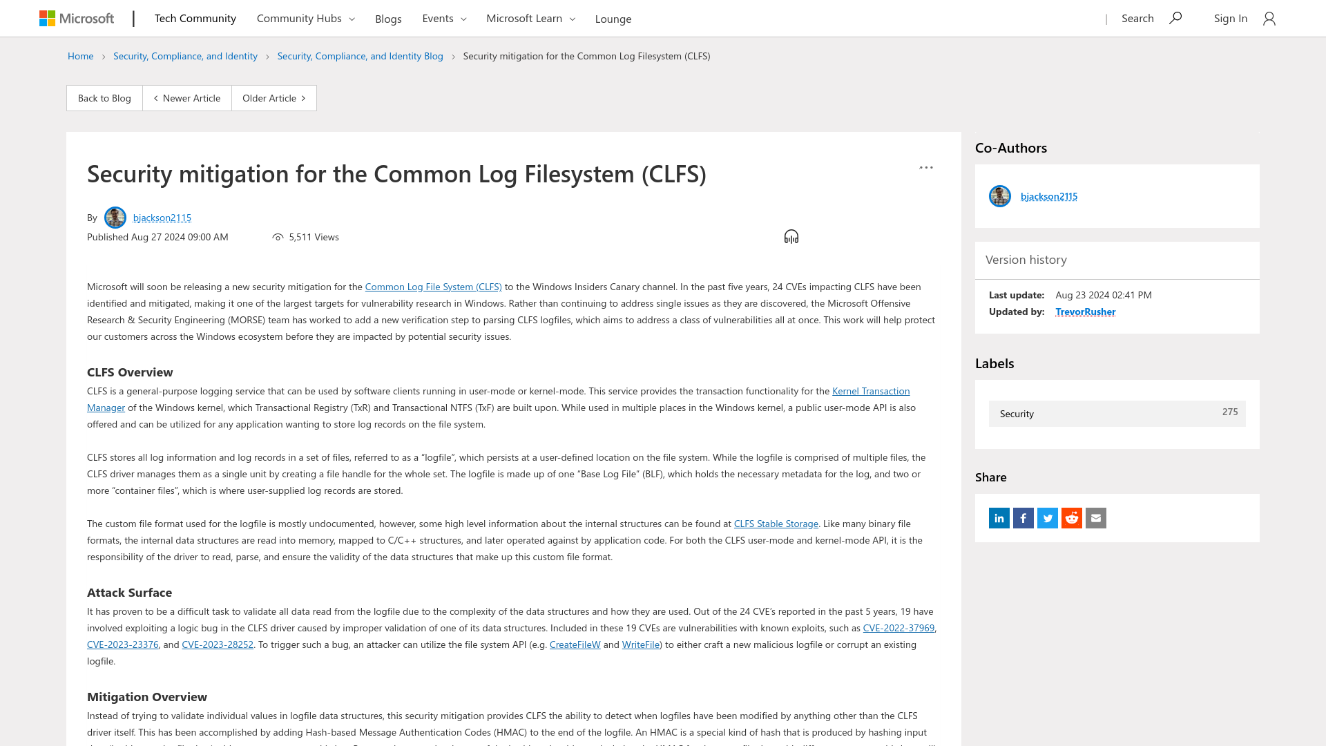 Security mitigation for the Common Log Filesystem (CLFS) - Microsoft Community Hub