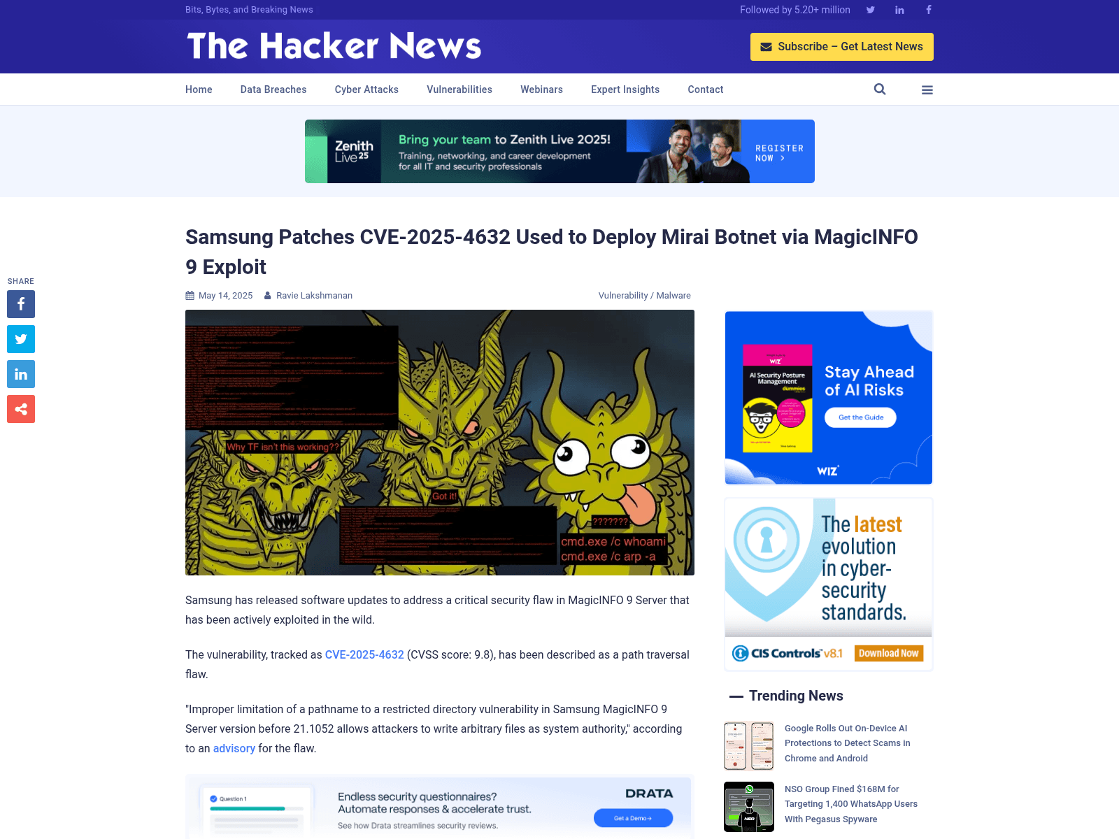 Samsung Patches CVE-2025-4632 Used to Deploy Mirai Botnet via MagicINFO 9 Exploit