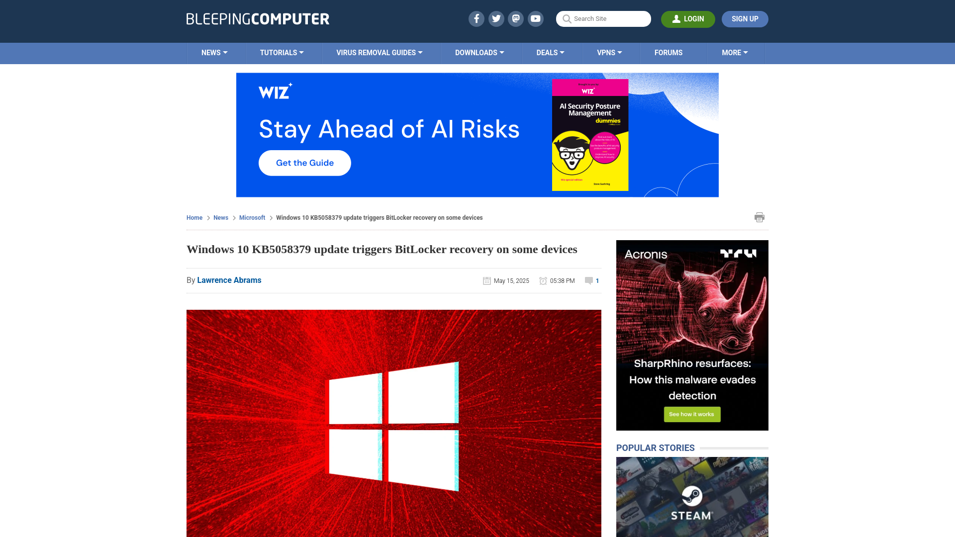 Windows 10 KB5058379 update triggers BitLocker recovery on some devices