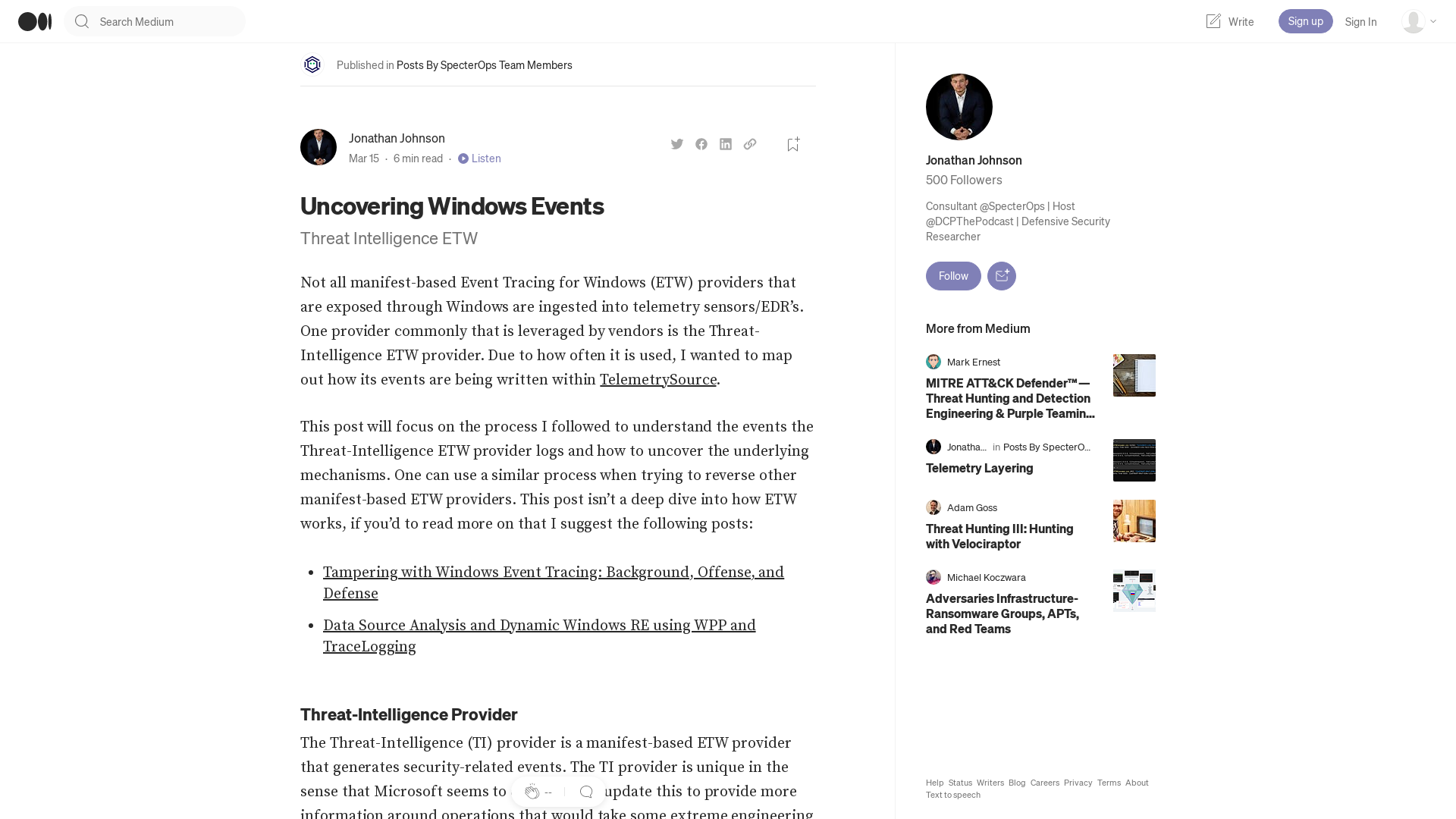 Uncovering Windows Events. Threat Intelligence ETW | by Jonathan Johnson | Mar, 2023 | Posts By SpecterOps Team Members