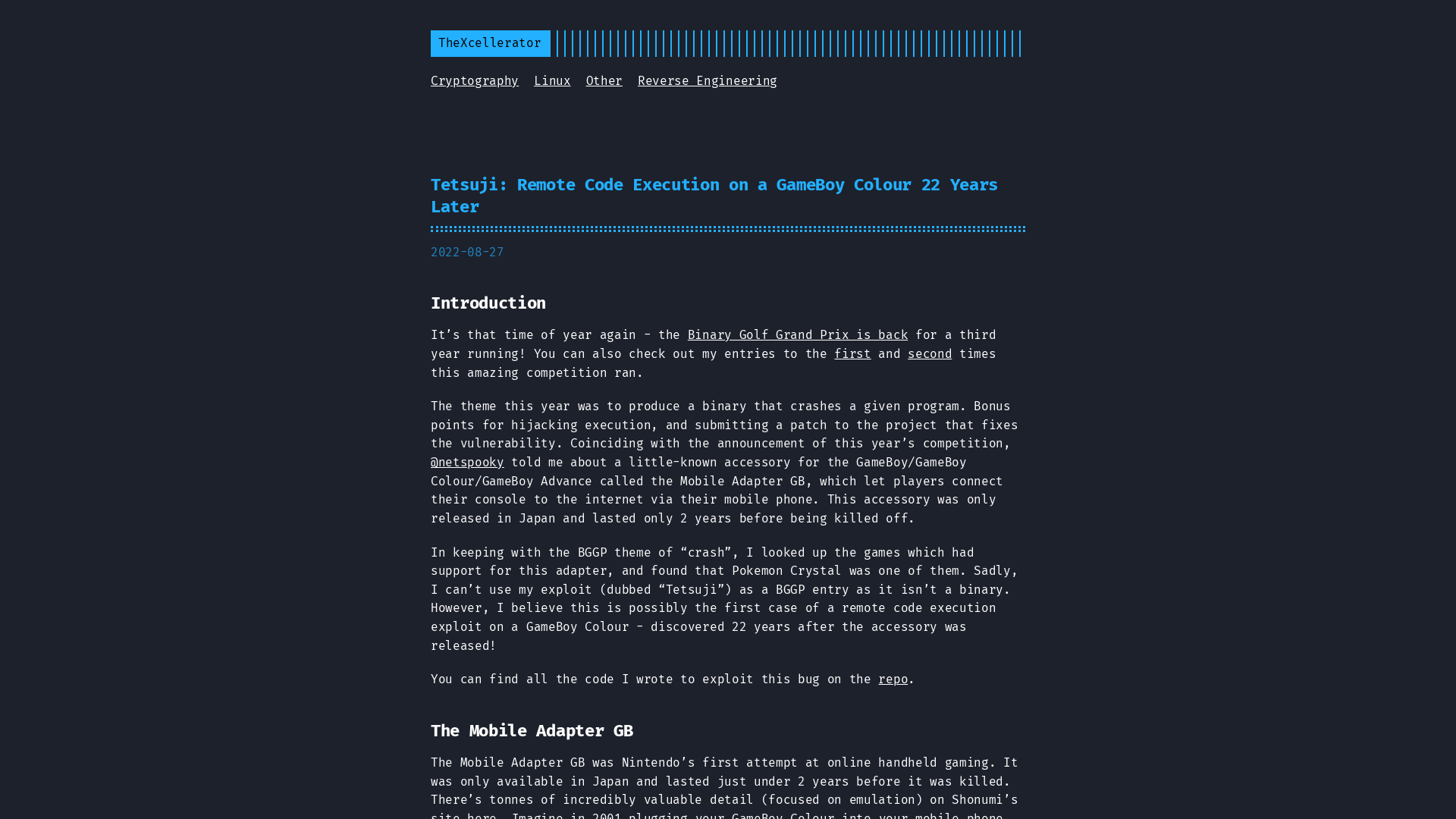 Tetsuji: Remote Code Execution on a GameBoy Colour 22 Years Later :: TheXcellerator