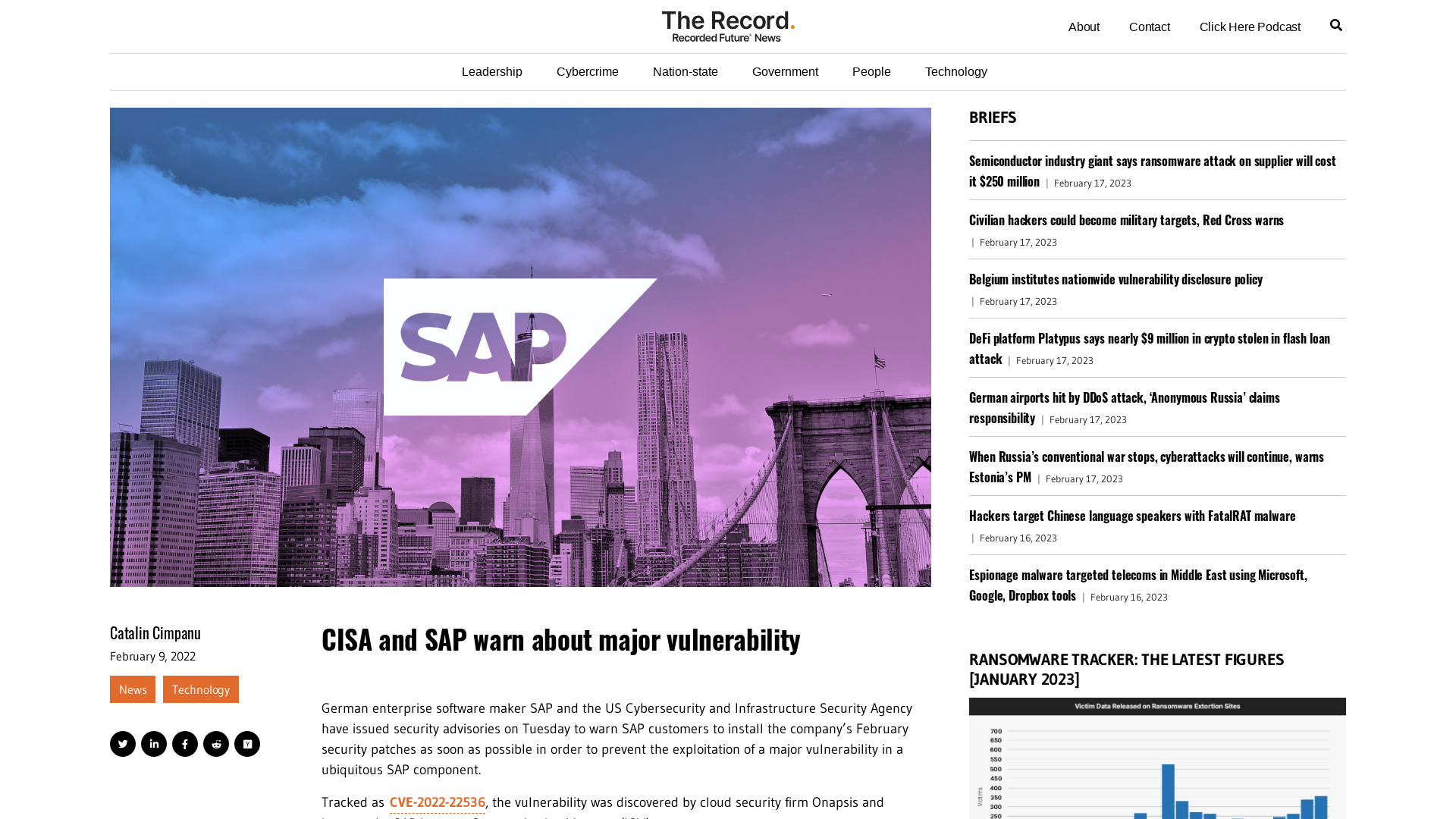 CISA and SAP warn about major vulnerability - The Record from Recorded Future News