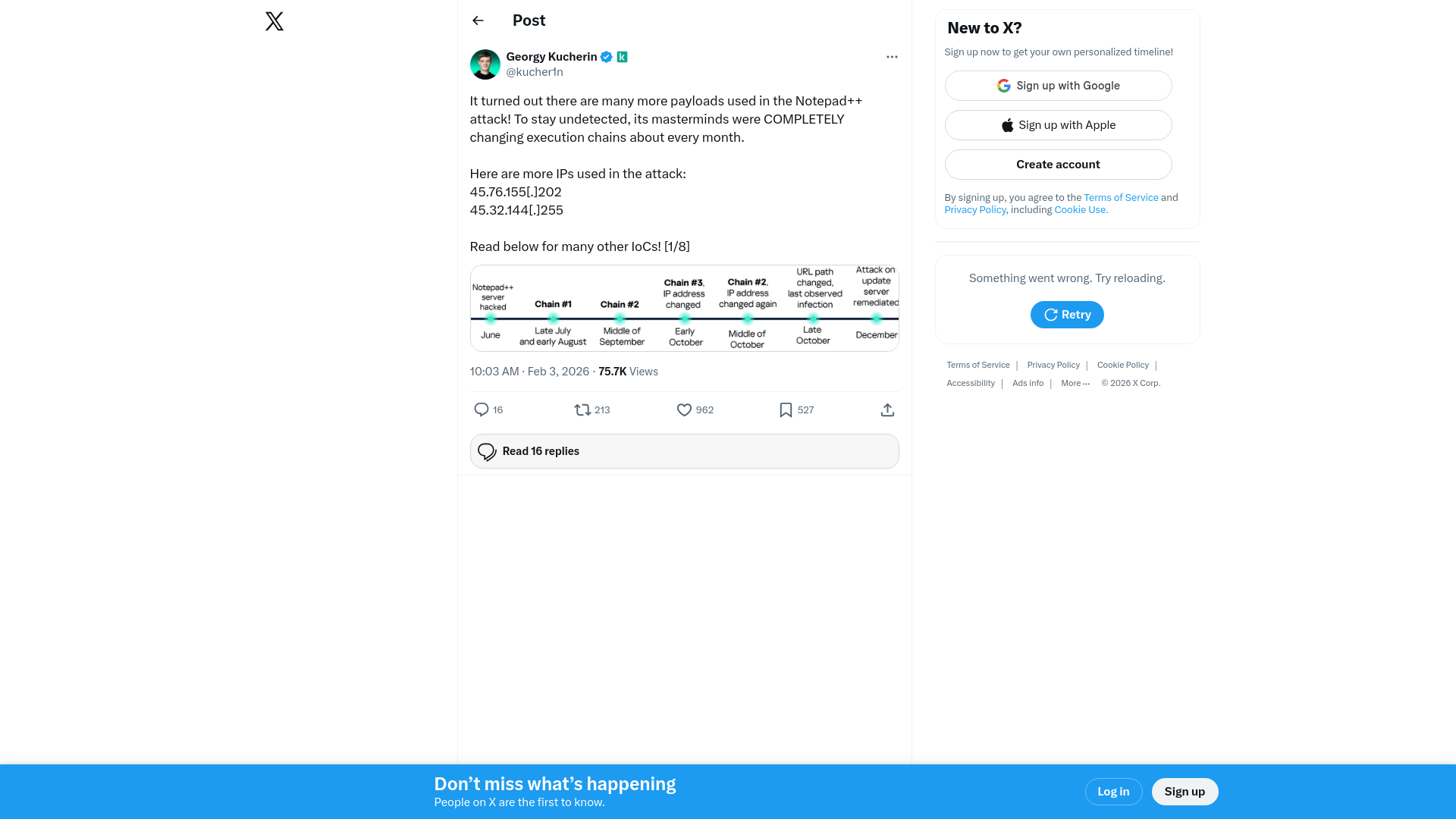 Georgy Kucherin on X: "It turned out there are many more payloads used in the Notepad++ attack! To stay undetected, its masterminds were COMPLETELY changing execution chains about every month. Here are more IPs used in the attack: 45.76.155[.]202 45.32.144[.]255 Read below for many other IoCs! [1/8] https://t.co/BGrMchxGjs" / X