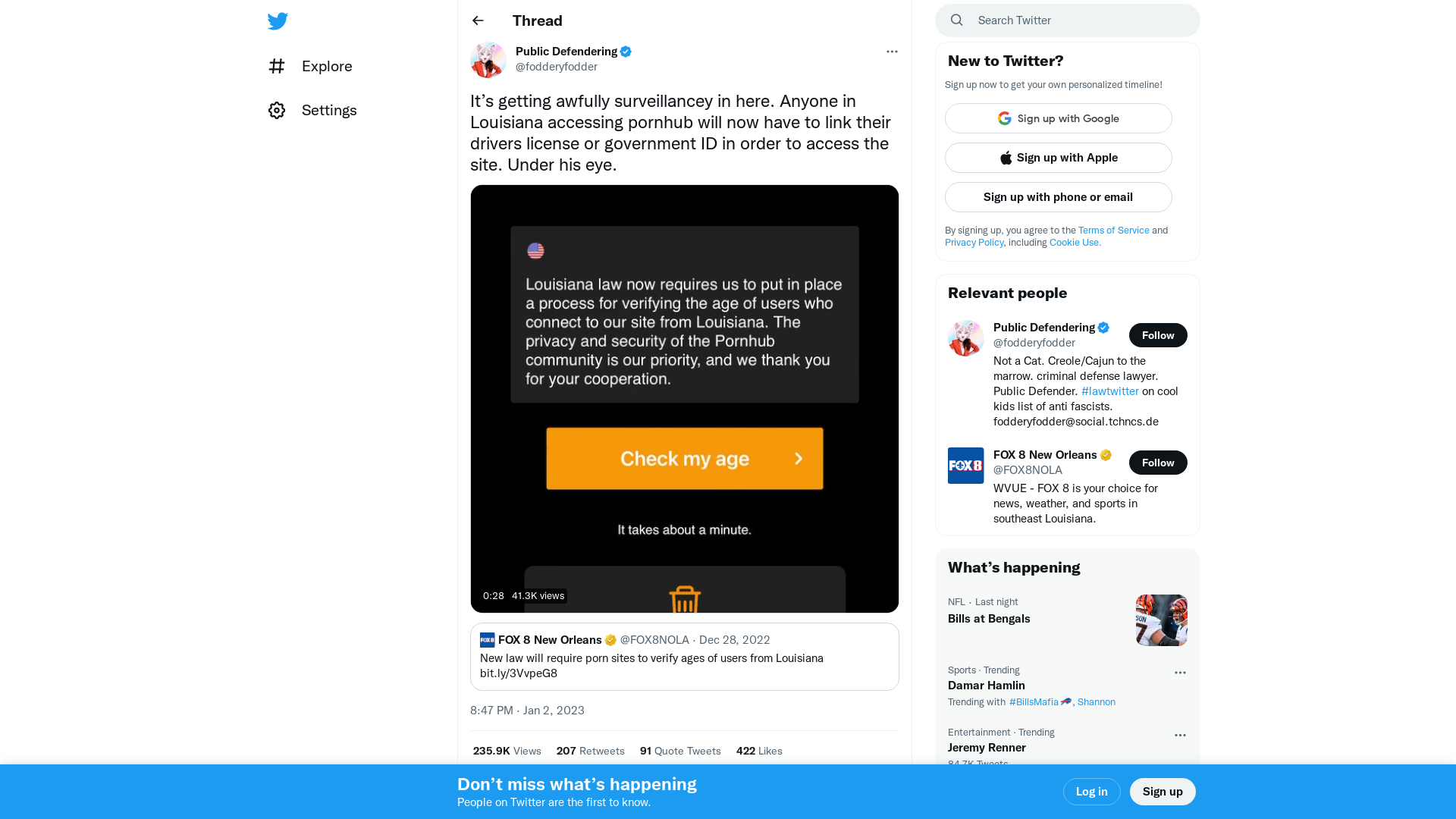 Public Defendering on Twitter: "It’s getting awfully surveillancey in here. Anyone in Louisiana accessing pornhub will now have to link their drivers license or government ID in order to access the site. Under his eye. https://t.co/mMNO2pfs96" / Twitter