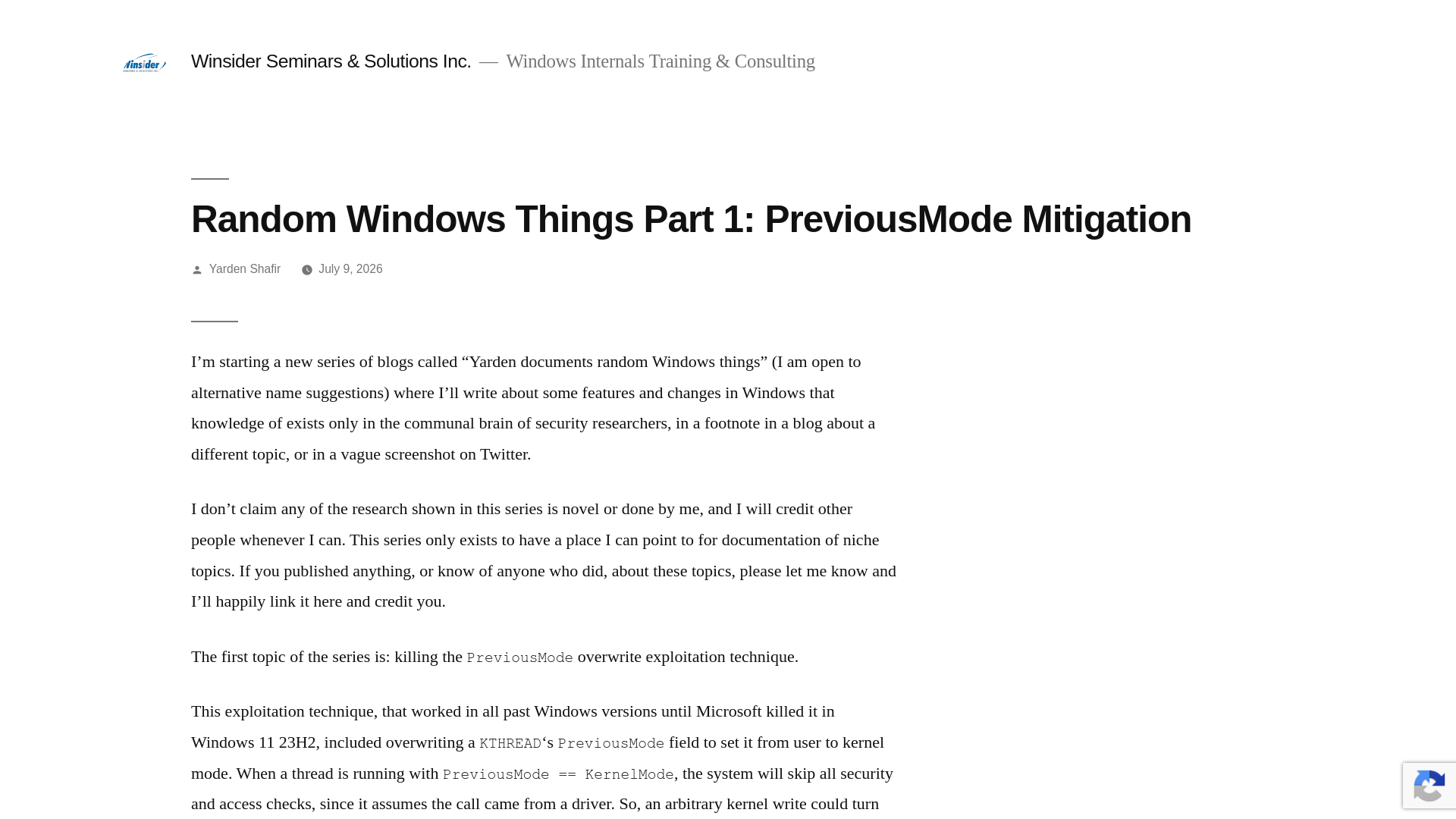 Random Windows Things Part 1: PreviousMode Mitigation – Winsider Seminars & Solutions Inc.