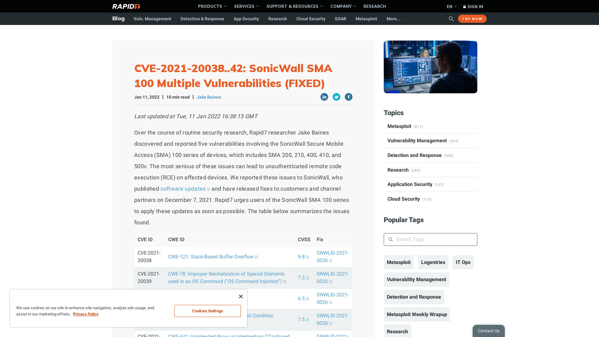 CVE-2021-20038..42: SonicWall SMA 100 Multiple Vulnerabilities (FIXED) | Rapid7 Blog