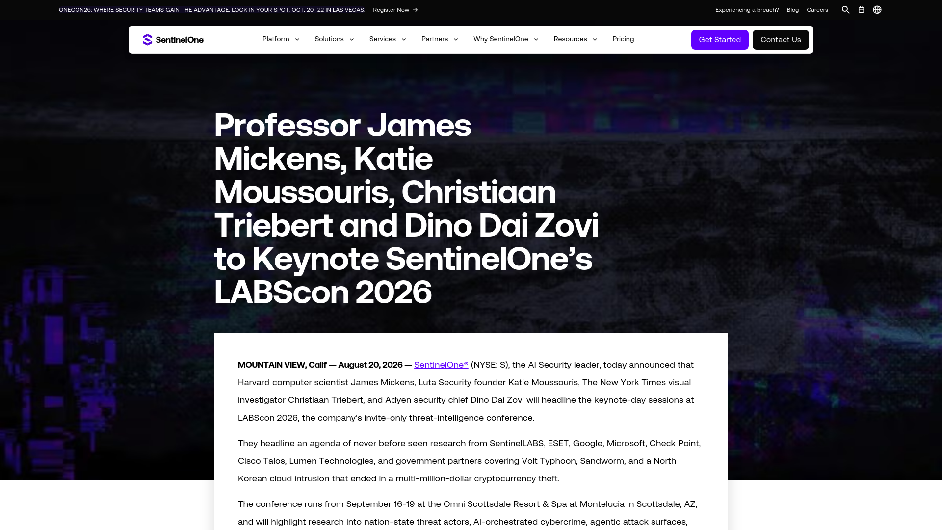 Professor James Mickens, Katie Moussouris, Christiaan Triebert and Dino Dai Zovi to Keynote SentinelOne’s LABScon 2026 | SentinelOne