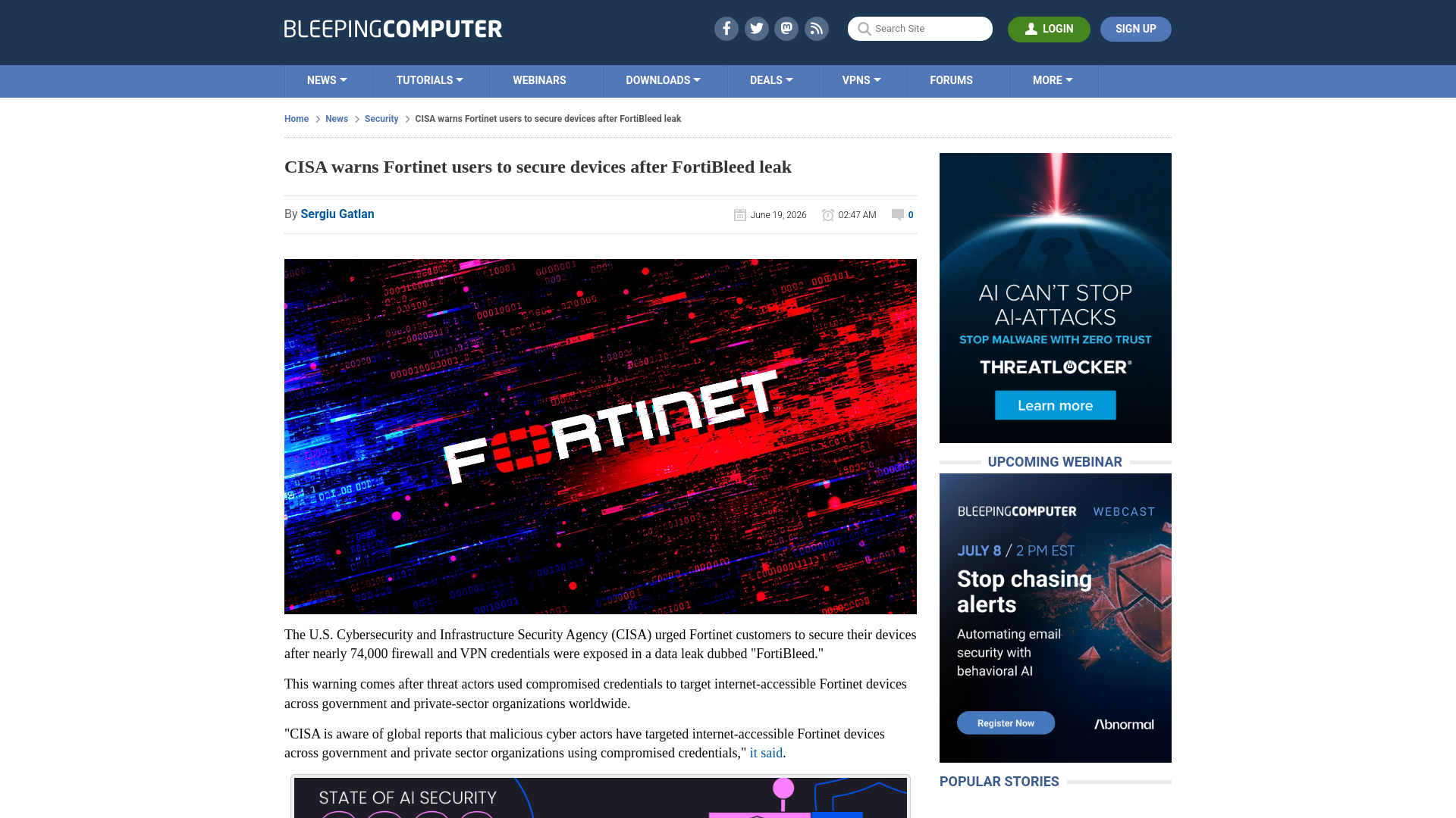 CISA warns Fortinet users to secure devices after FortiBleed leak