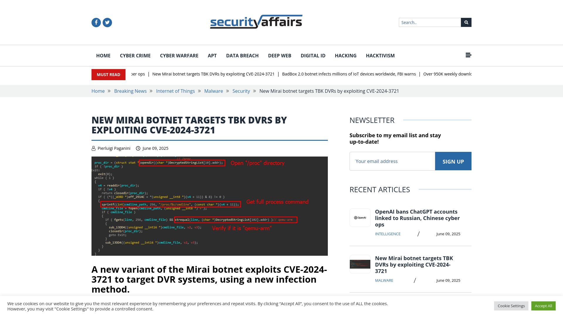 New Mirai botnet targets TBK DVRs by exploiting CVE-2024-3721