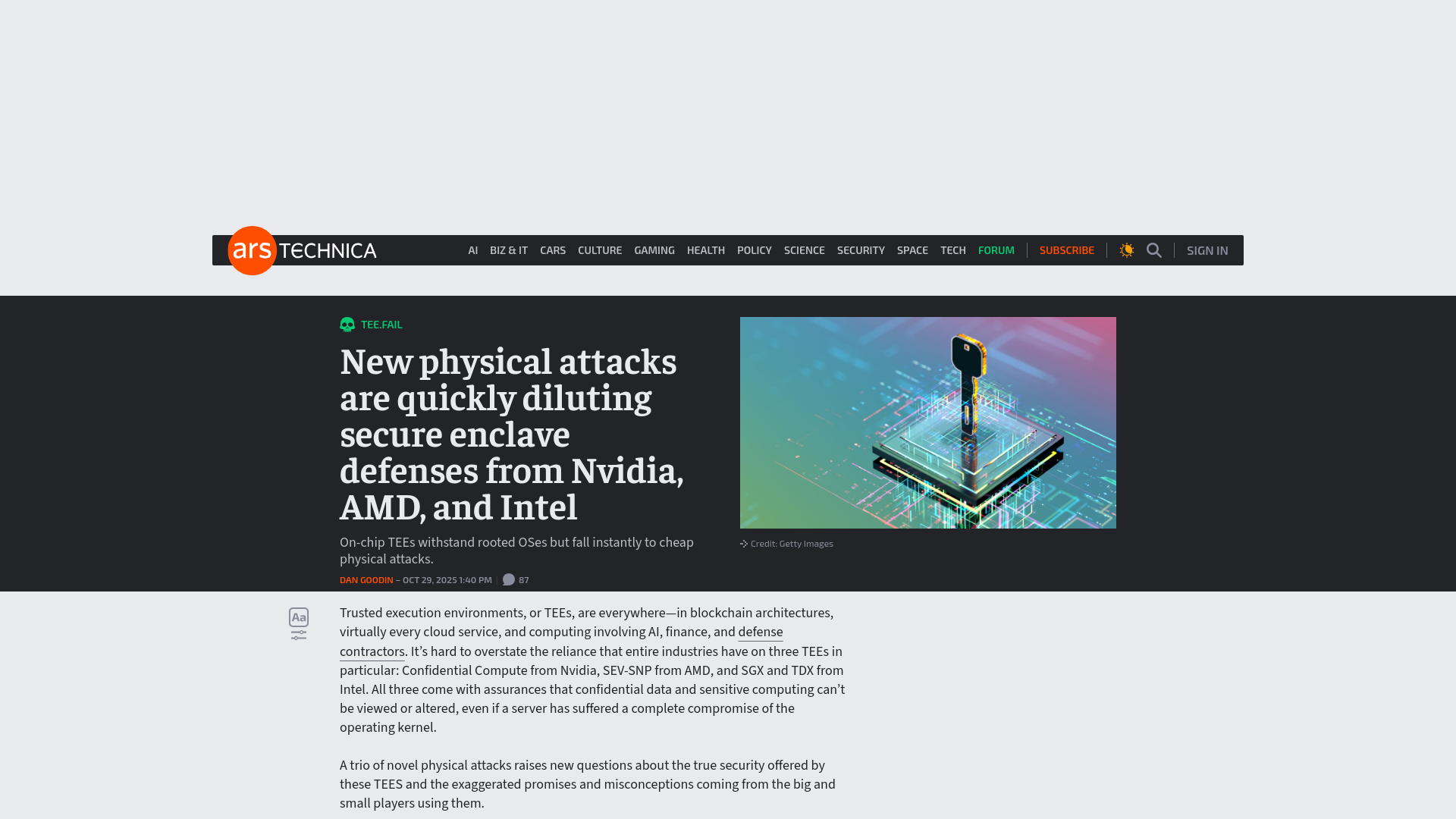 New physical attacks are quickly diluting secure enclave defenses from Nvidia, AMD, and Intel - Ars Technica