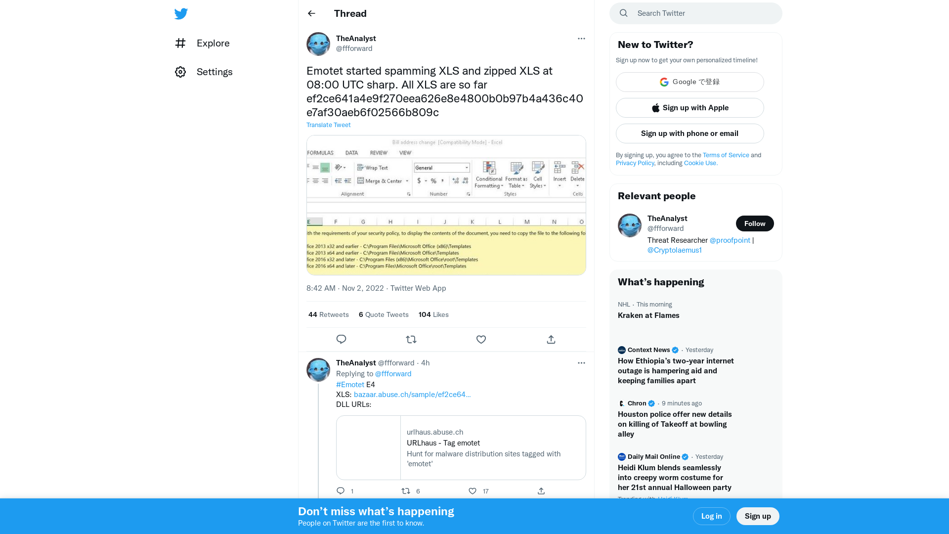 TheAnalyst on Twitter: "Emotet started spamming XLS and zipped XLS at 08:00 UTC sharp. All XLS are so far ef2ce641a4e9f270eea626e8e4800b0b97b4a436c40e7af30aeb6f02566b809c https://t.co/TJt0mTnM65" / Twitter