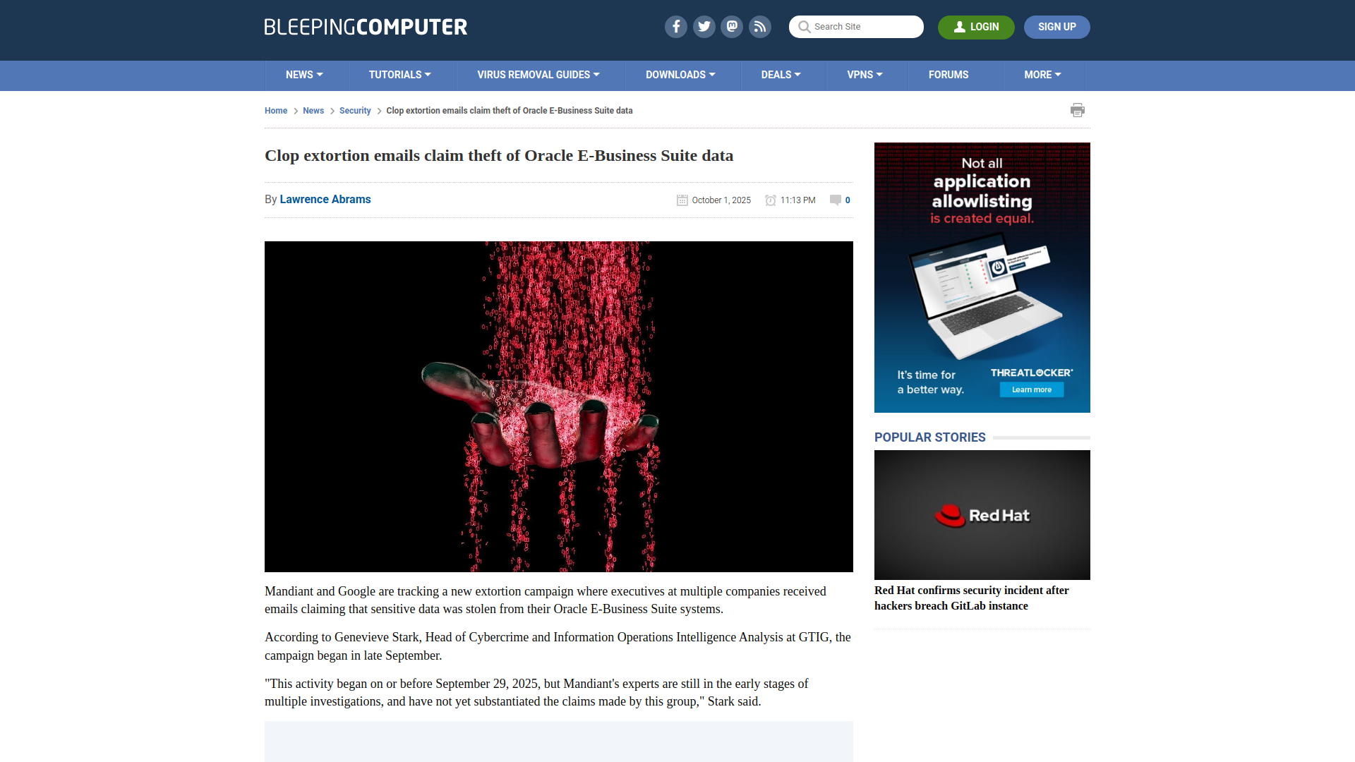 Clop extortion emails claim theft of Oracle E-Business Suite data