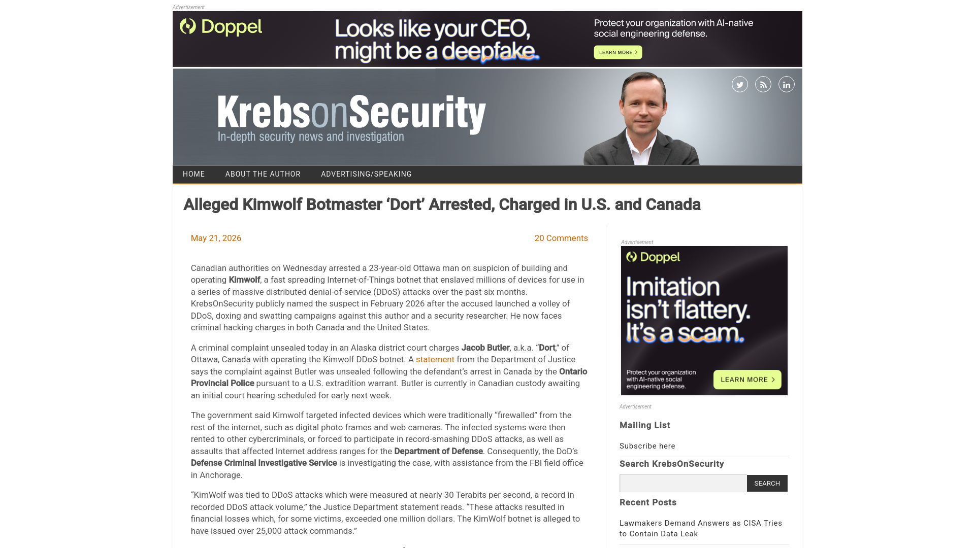 Alleged Kimwolf Botmaster ‘Dort’ Arrested, Charged in U.S. and Canada – Krebs on Security