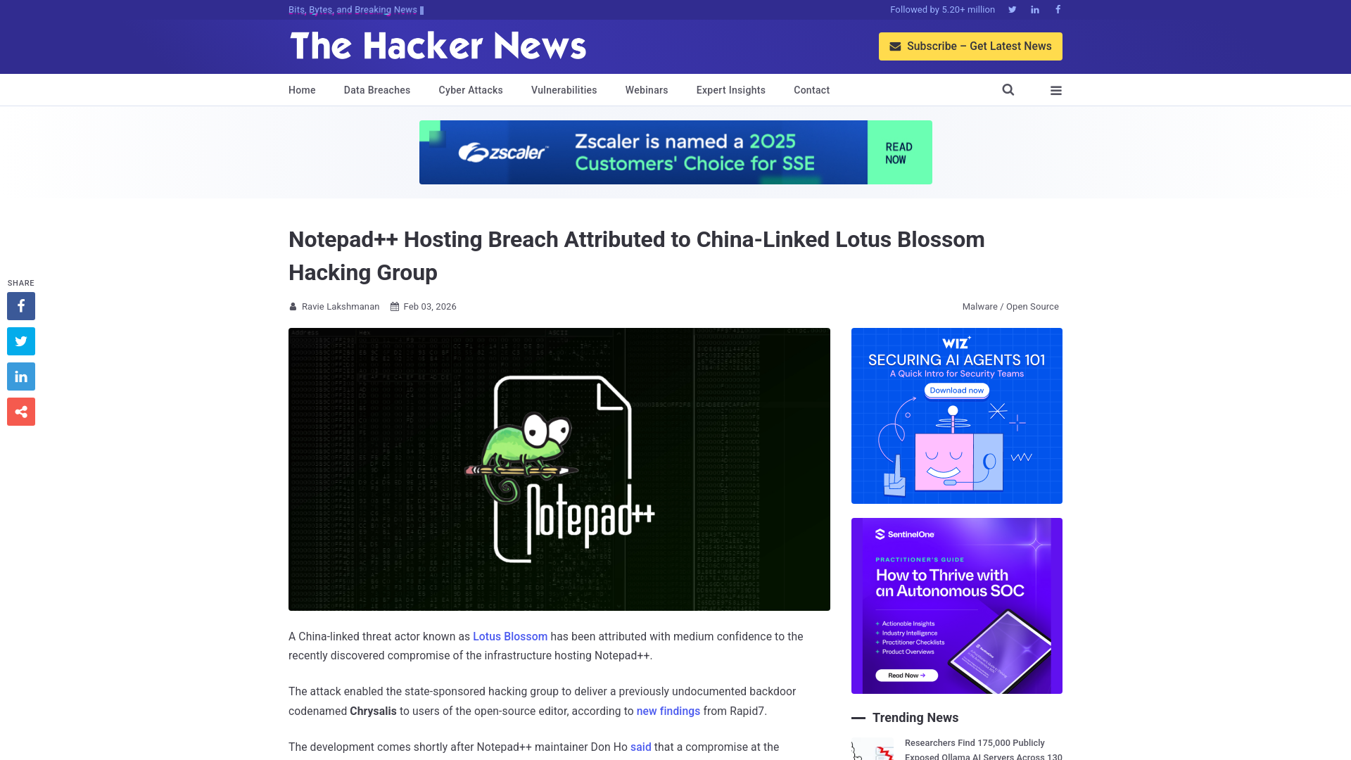 Notepad++ Hosting Breach Attributed to China-Linked Lotus Blossom Hacking Group