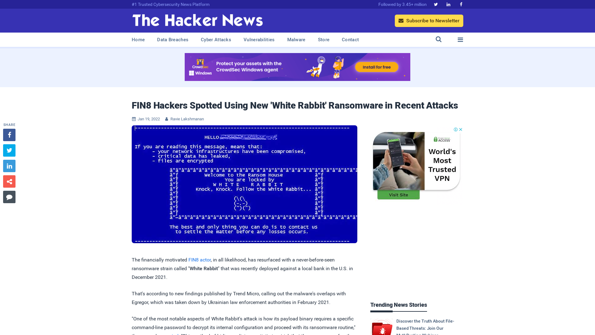 FIN8 Hackers Spotted Using New 'White Rabbit' Ransomware in Recent Attacks