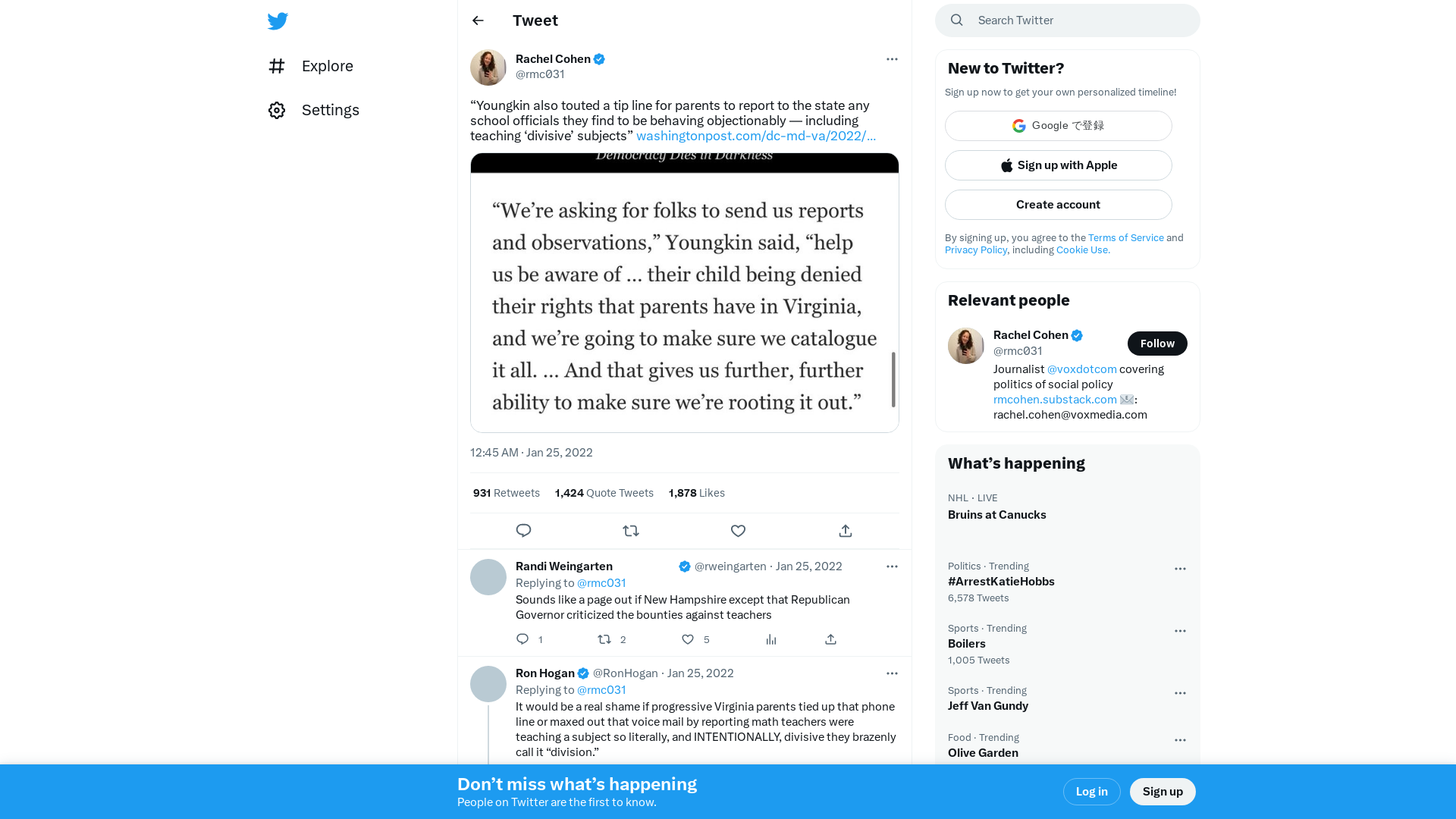 Rachel Cohen on Twitter: "“Youngkin also touted a tip line for parents to report to the state any school officials they find to be behaving objectionably — including teaching ‘divisive’ subjects” https://t.co/aiFAZzCjSV https://t.co/qXihsj9DLL" / Twitter