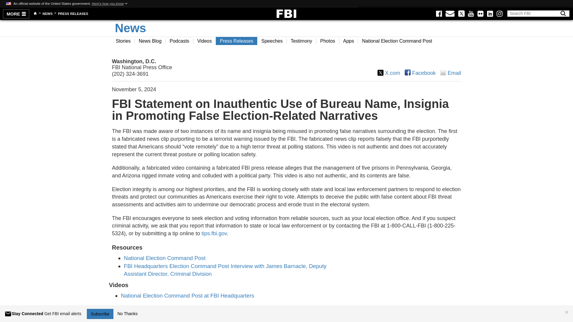 FBI Statement on Inauthentic Use of Bureau Name, Insignia in Promoting False Election-Related Narratives — FBI