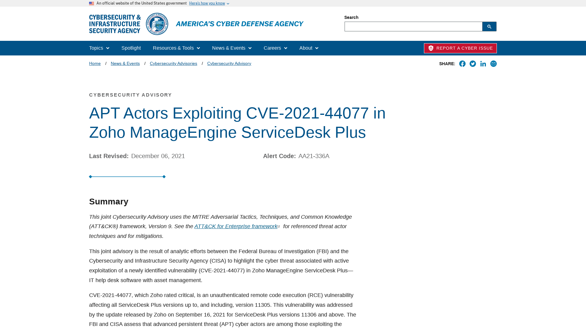 APT Actors Exploiting CVE-2021-44077 in Zoho ManageEngine ServiceDesk Plus | CISA