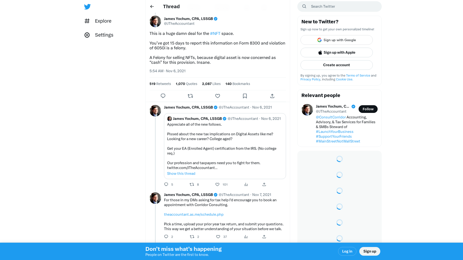 James Yochum, CPA, LSSGB on Twitter: "This is a huge damn deal for the #NFT space. You’ve got 15 days to report this information on Form 8300 and violation of 6050i is a felony. A Felony for selling NFTs, because digital asset is now concerned as “cash” for this provision. Insane." / Twitter