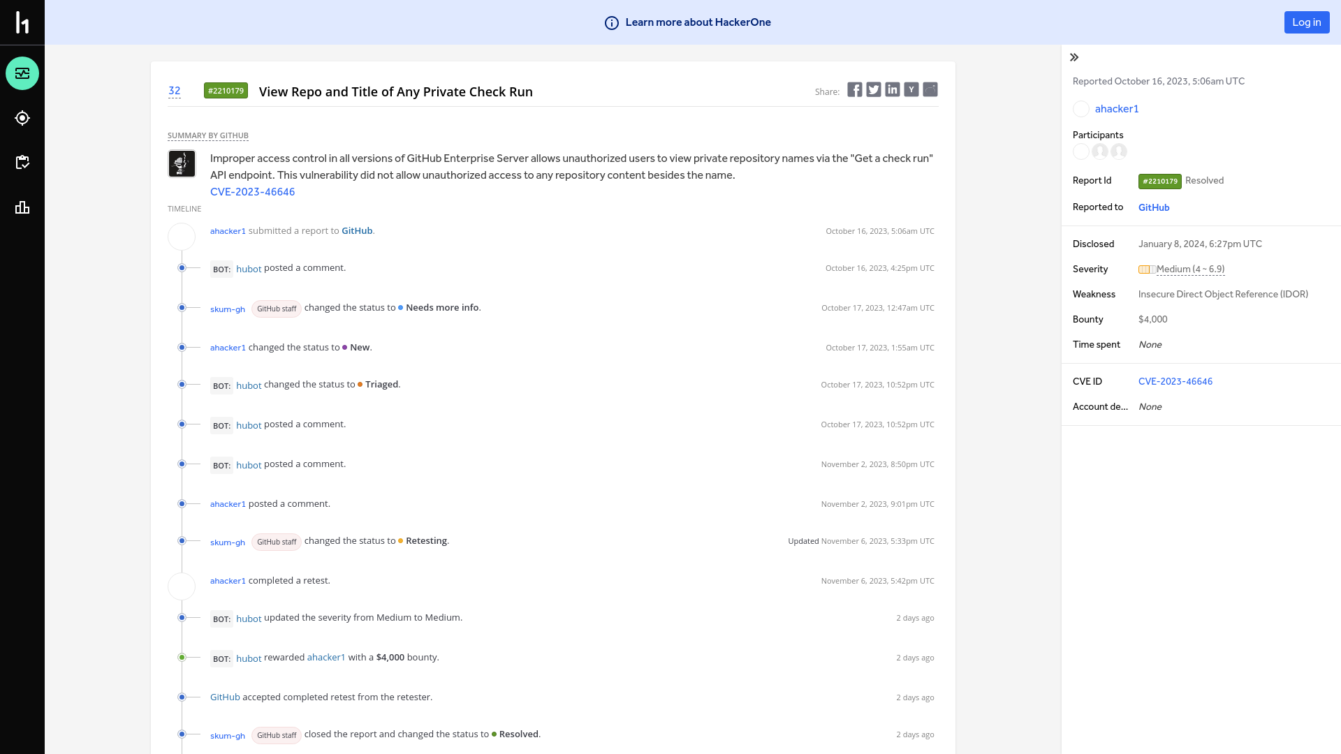 GitHub | Report #2210179 - View Repo and Title of Any Private Check Run | HackerOne