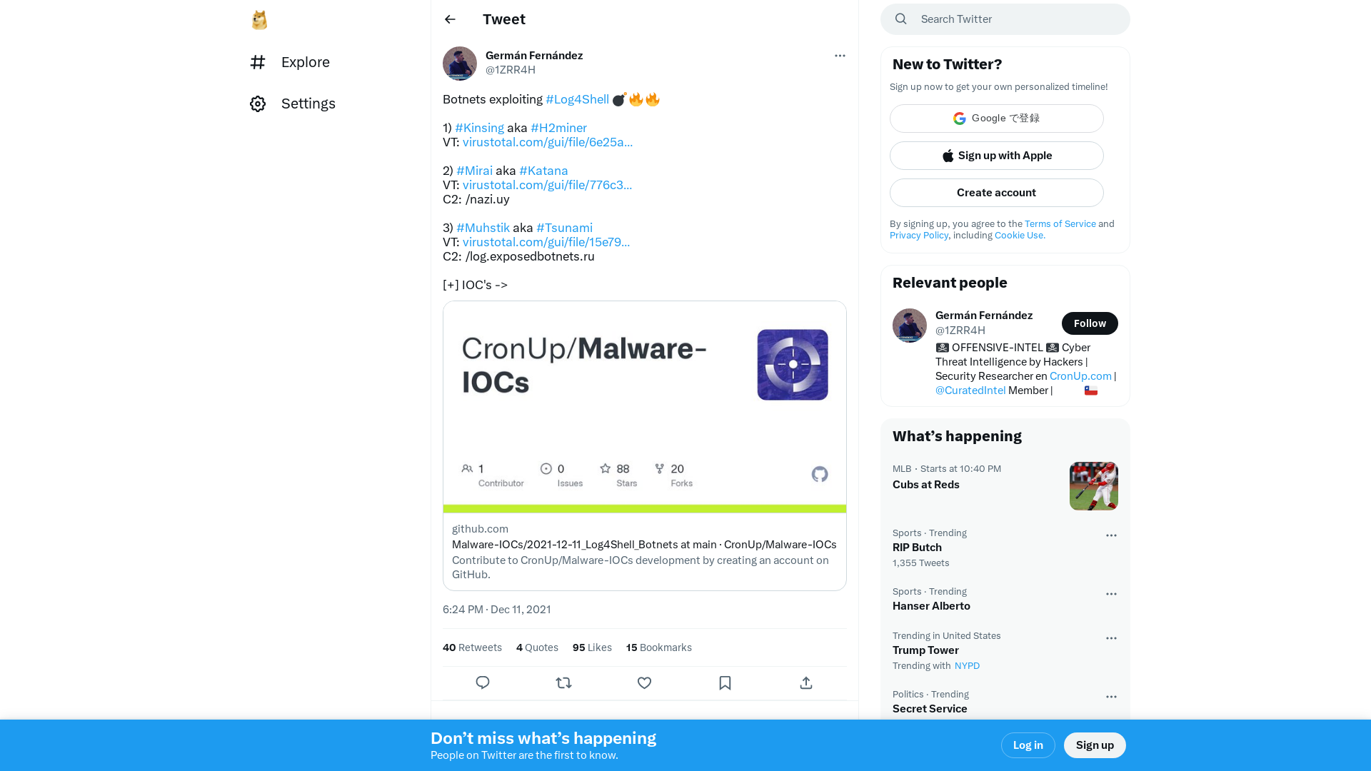 Germán Fernández on Twitter: "Botnets exploiting #Log4Shell 💣🔥🔥 1) #Kinsing aka #H2miner VT: https://t.co/mtBzXXstro 2) #Mirai aka #Katana VT: https://t.co/uSW9Vdljs3 C2: /nazi.uy 3) #Muhstik aka #Tsunami VT: https://t.co/18sLLTqxRt C2: /log.exposedbotnets.ru [+] IOC's -> https://t.co/glHDKFae0Q" / Twitter