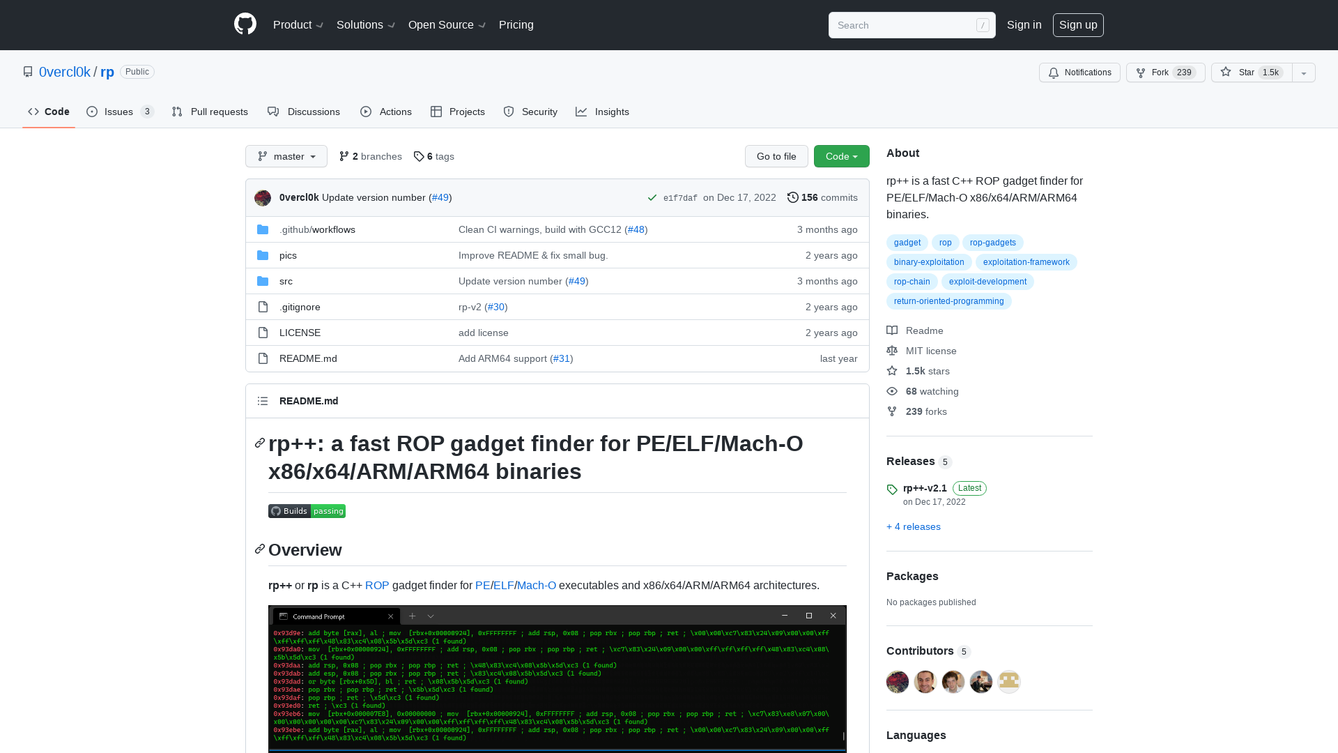 GitHub - 0vercl0k/rp: rp++ is a fast C++ ROP gadget finder for PE/ELF/Mach-O x86/x64/ARM/ARM64 binaries.