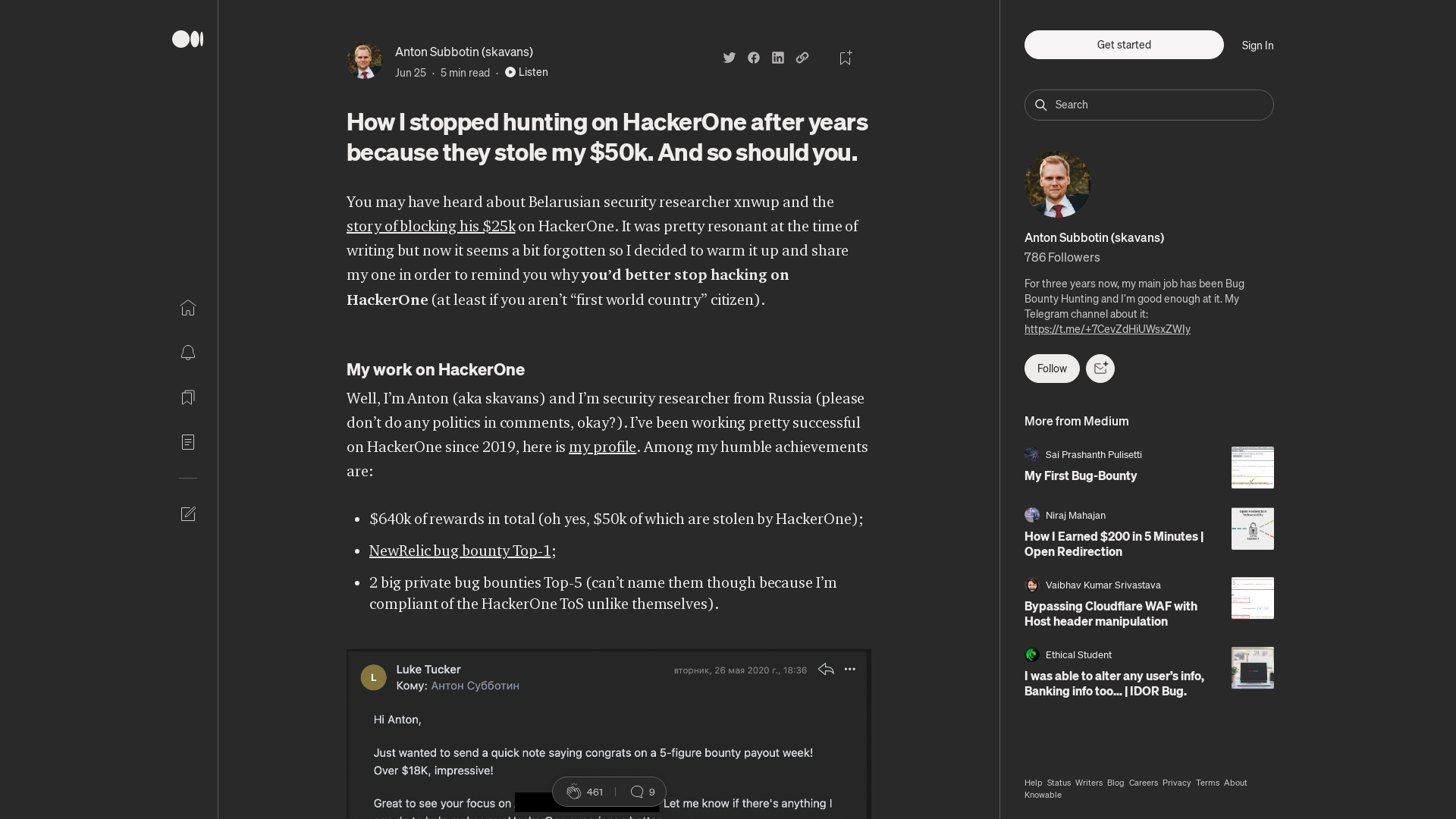How I stopped hunting on HackerOne after years because they stole my $50k. And so should you. | by Anton Subbotin (skavans) | Jun, 2022 | Medium