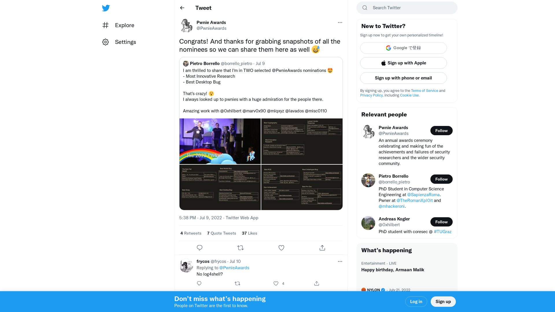 Pwnie Awards on Twitter: "Congrats! And thanks for grabbing snapshots of all the nominees so we can share them here as well 😅" / Twitter