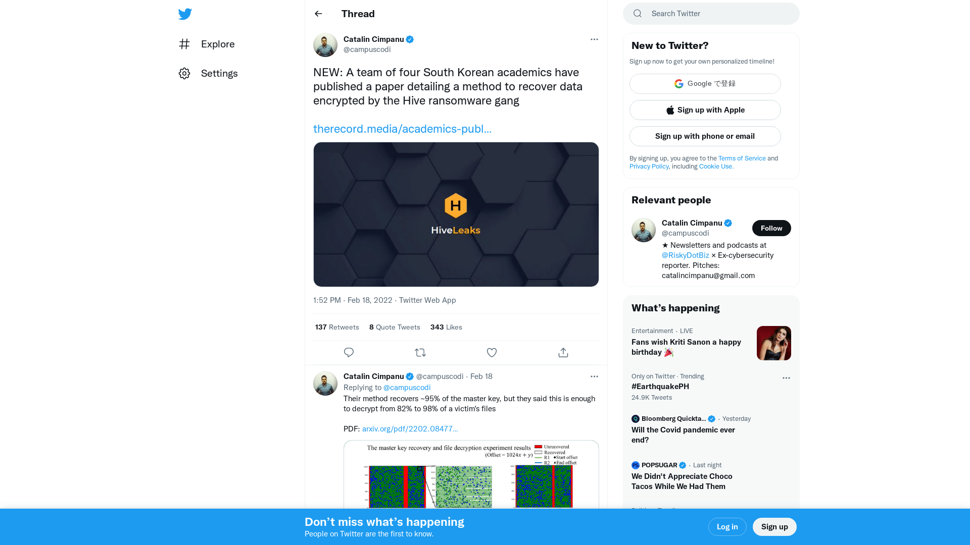 Catalin Cimpanu on Twitter: "NEW: A team of four South Korean academics have published a paper detailing a method to recover data encrypted by the Hive ransomware gang https://t.co/ub8hSSIN76 https://t.co/SyEYcjUN4O" / Twitter