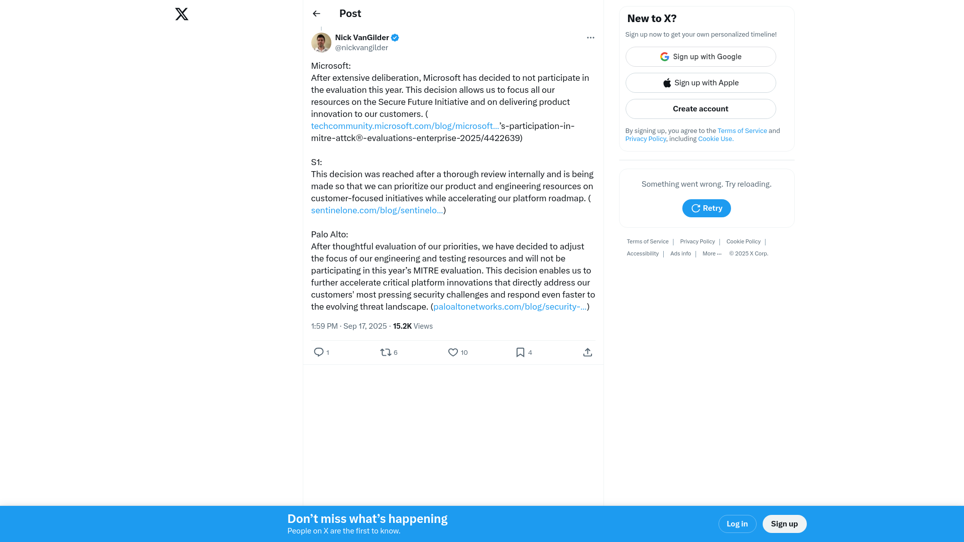 Nick VanGilder on X: "@eliedelkind Microsoft: After extensive deliberation, Microsoft has decided to not participate in the evaluation this year. This decision allows us to focus all our resources on the Secure Future Initiative and on delivering product innovation to our customers." / X