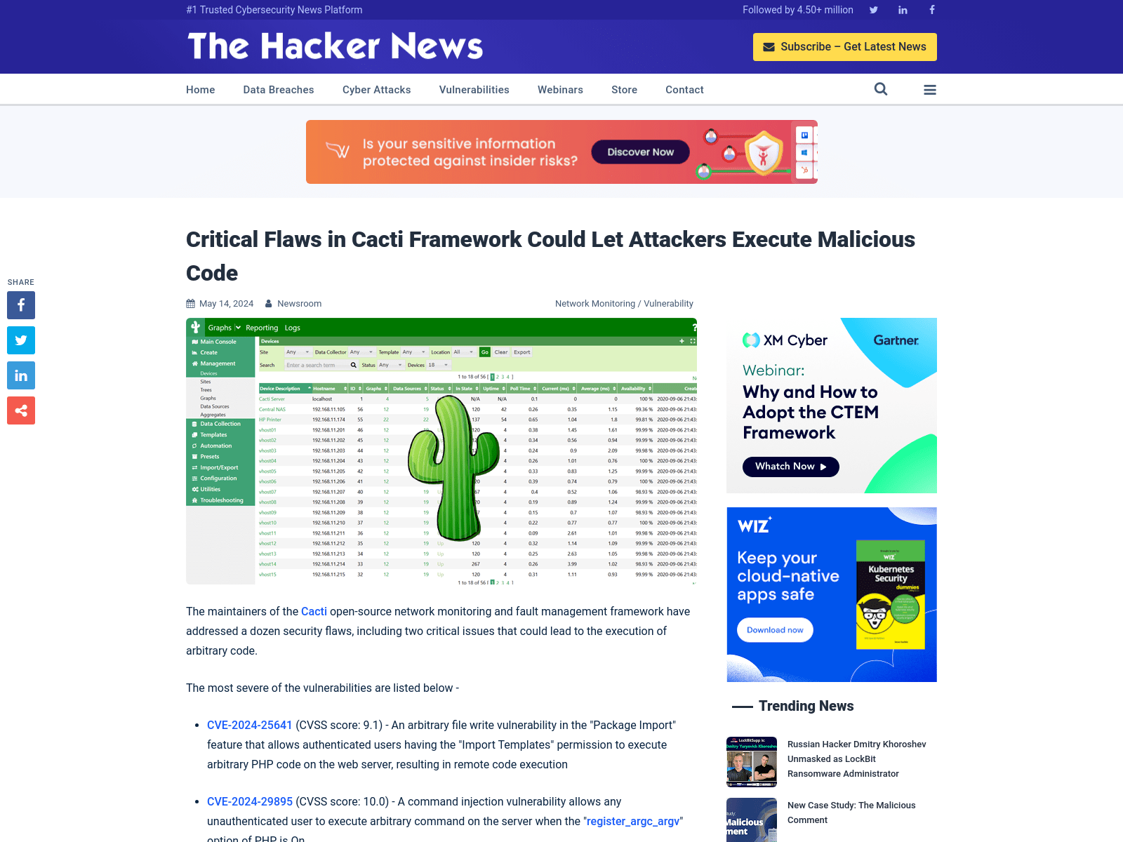 Critical Flaws in Cacti Framework Could Let Attackers Execute Malicious Code