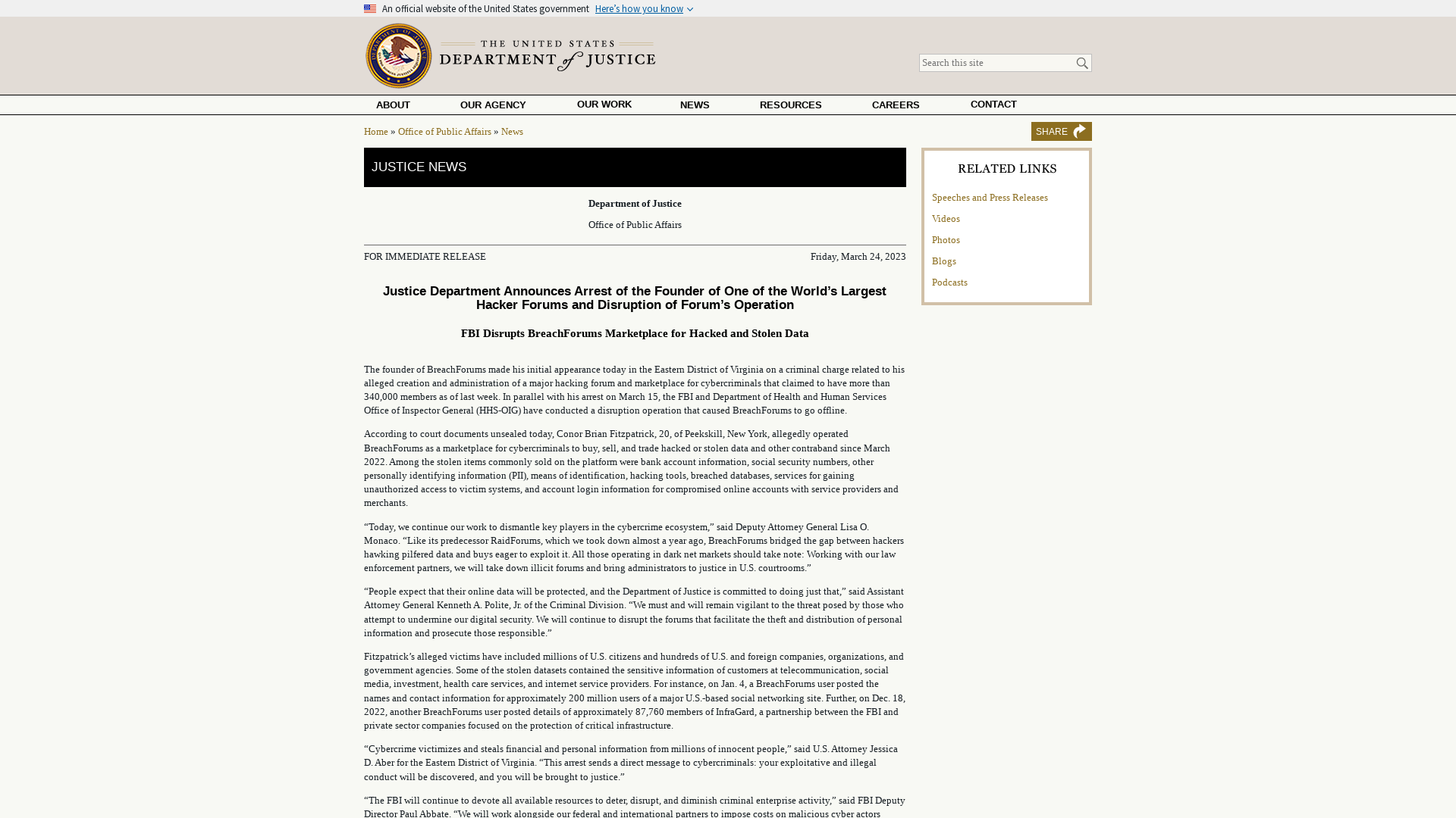 Justice Department Announces Arrest of the Founder of One of the World’s Largest Hacker Forums and Disruption of Forum’s Operation | OPA | Department of Justice