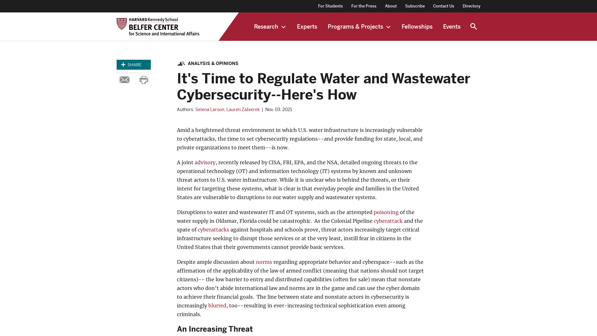 It's Time to Regulate Water and Wastewater Cybersecurity--Here's How | Belfer Center for Science and International Affairs