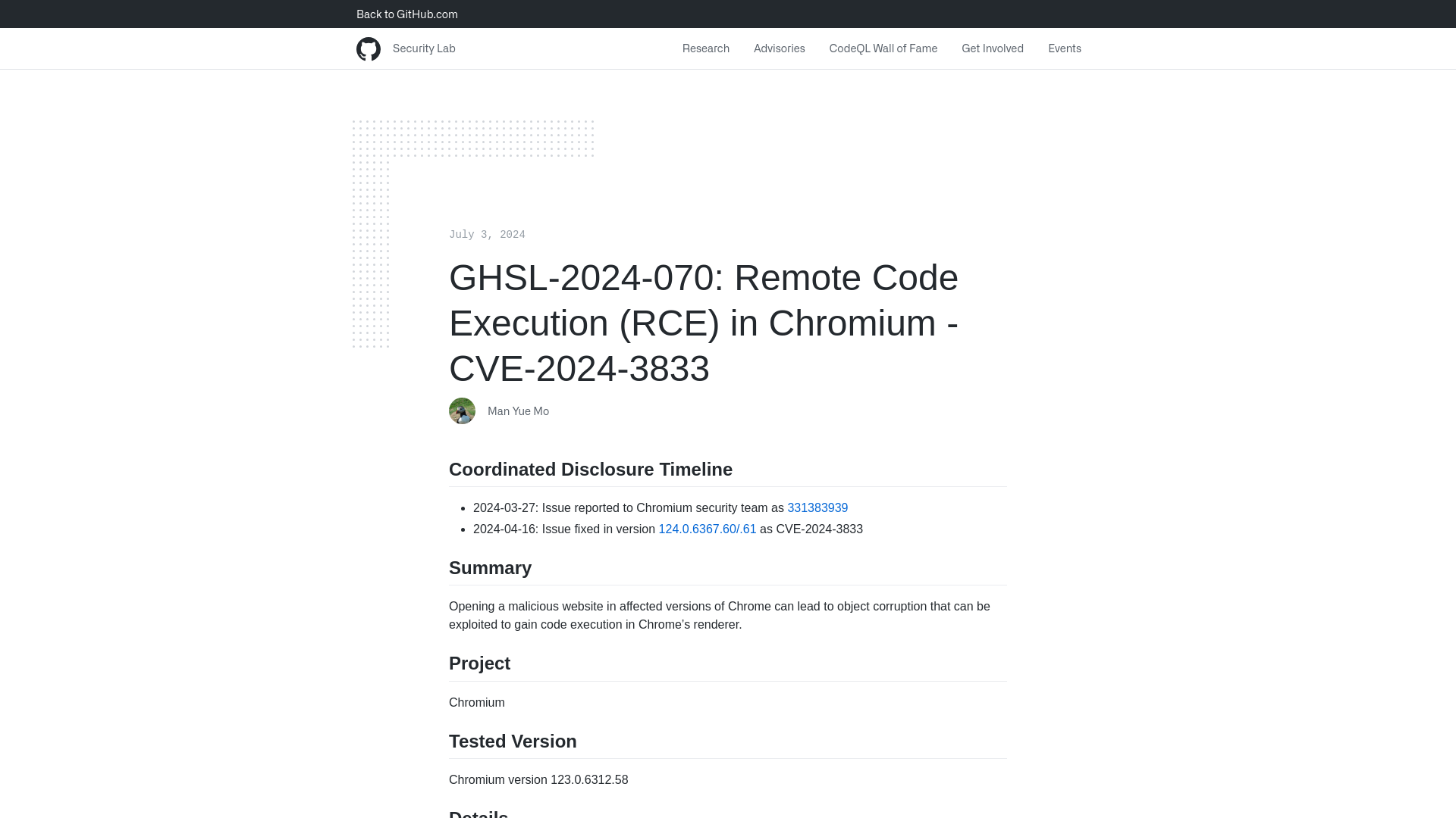 GHSL-2024-070: Remote Code Execution (RCE) in Chromium - CVE-2024-3833 | GitHub Security Lab