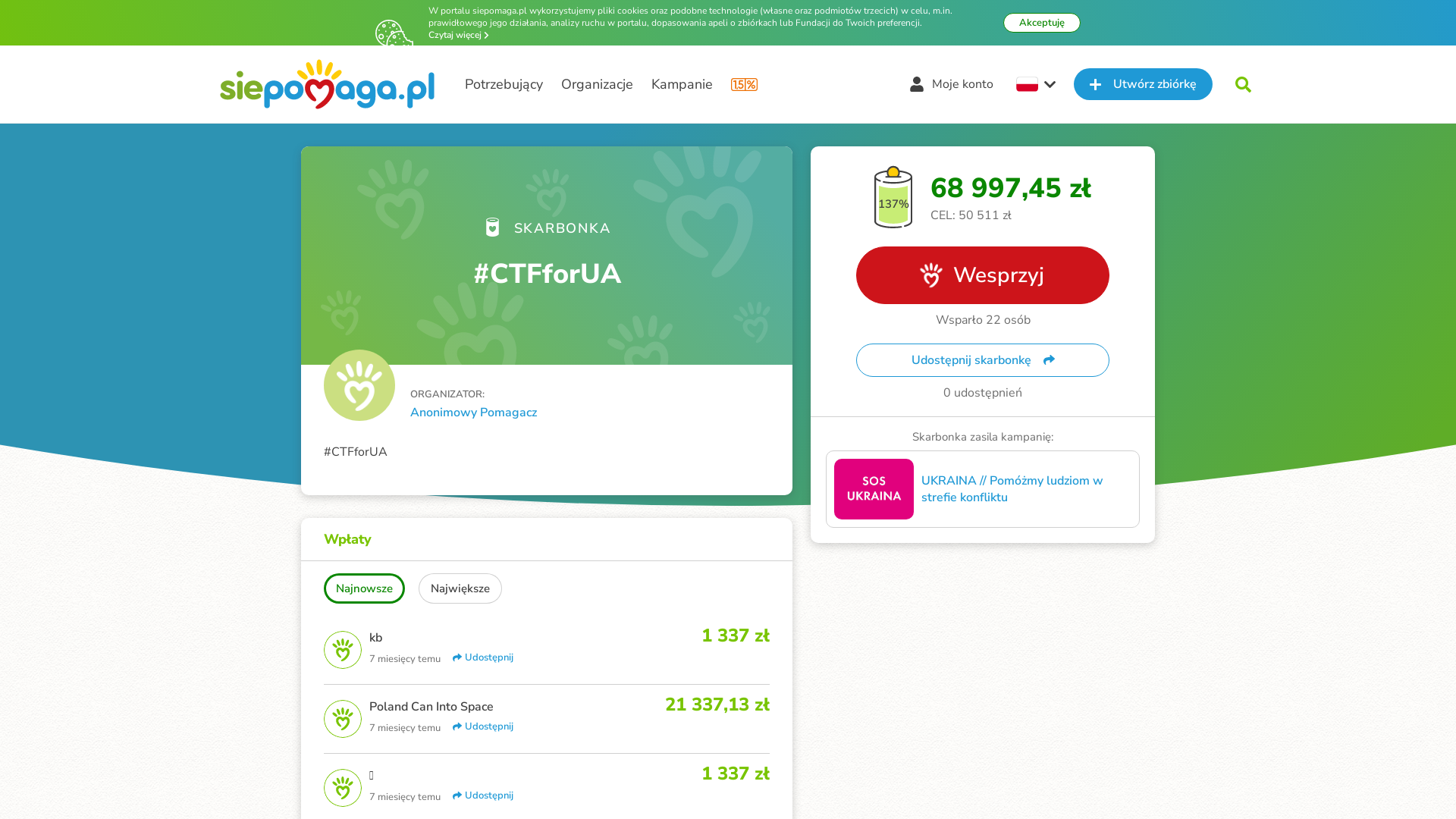 Skarbonka Pomagacza Anonimowy Pomagacz - #CTFforUA | Siepomaga.pl