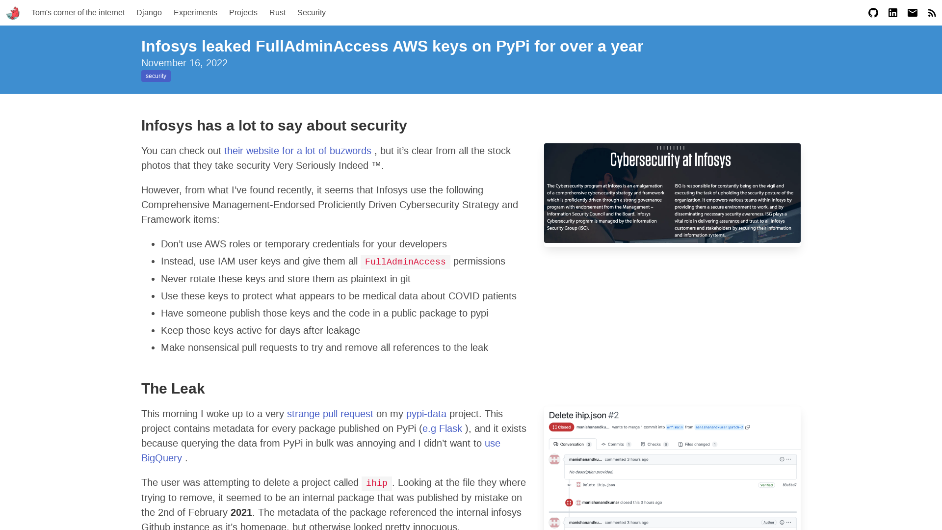 Infosys leaked FullAdminAccess AWS keys on PyPi for over a year | Tom Forbes