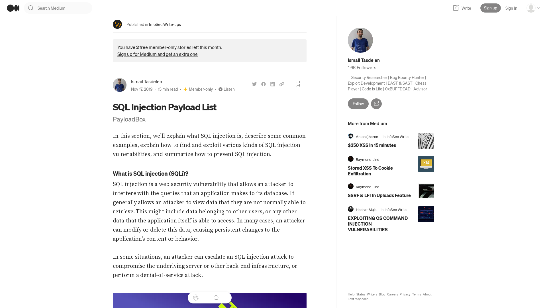 SQL Injection Payload List. PayloadBox | by Ismail Tasdelen | InfoSec Write-ups