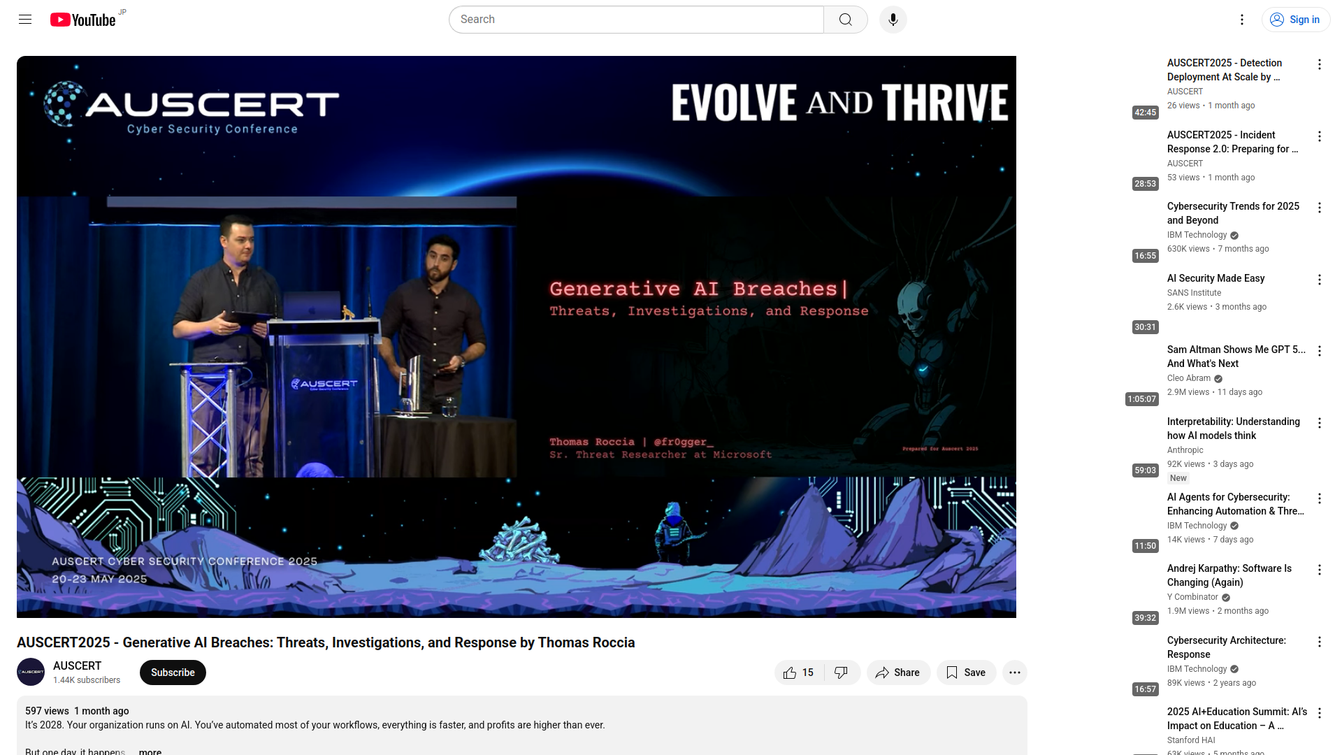AUSCERT2025 - Generative AI Breaches: Threats, Investigations, and Response by Thomas Roccia - YouTube